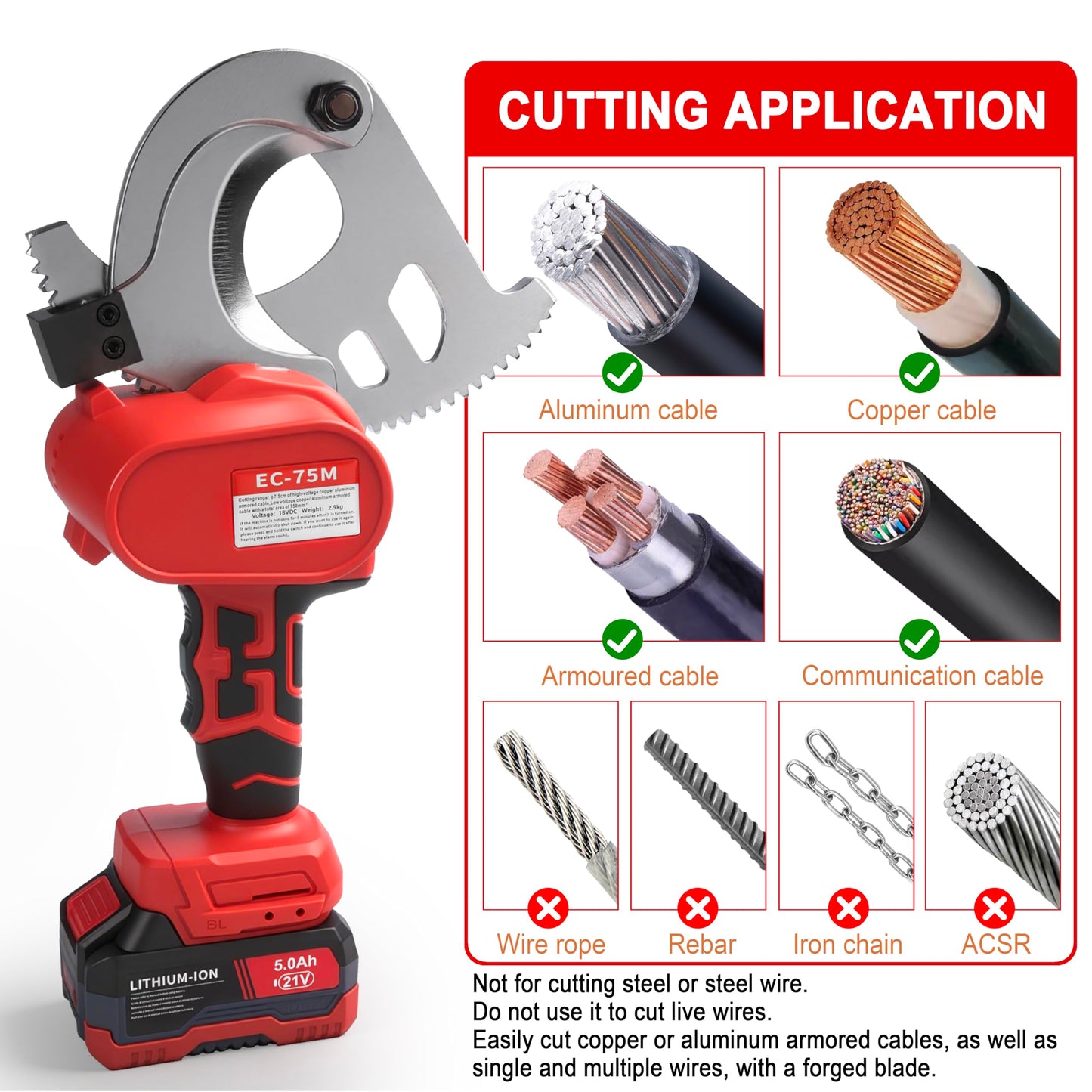 21V Battery Ratcheting Cable Cutters Cordless Heavy Duty Professional Electrical Portable Copper Cable Cutters (1500 KCMIL Copper/Aluminum Cables or 3 Inch Armour Cables)