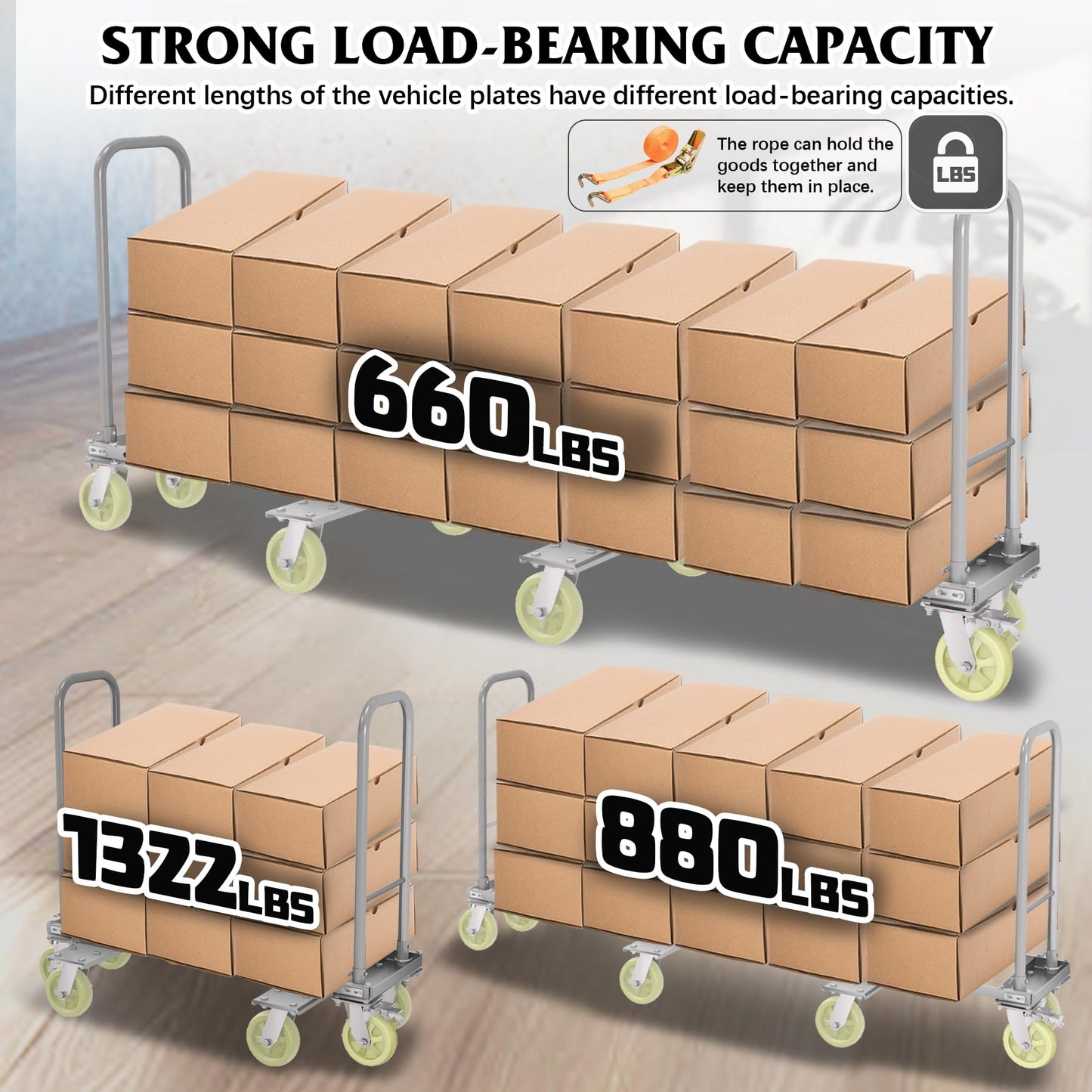 Heavy Duty Furniture Moving Dolly Cart, 1322 LBS High Capacity 8-Wheel Extendable Hand Truck, 42.5-94.5 Inch Adjustable Industrial Platform Cart with 6M Strap for Warehouse Large Appliance Bulk Goods