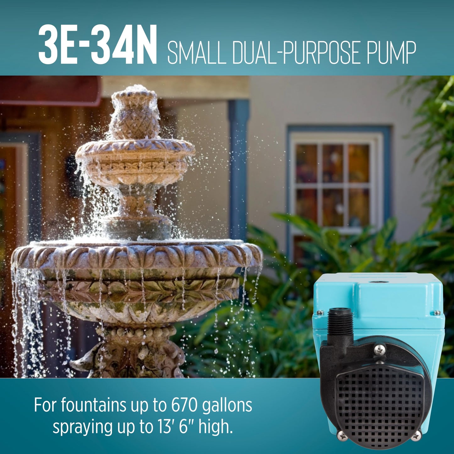 Little Giant 3E-34N 115-Volt, 1/15 HP, 670 GPH Dual Purpose In-Line or Small Submersible, Oil-Filled Pump, 10-Ft. Cord, Blue, 503603