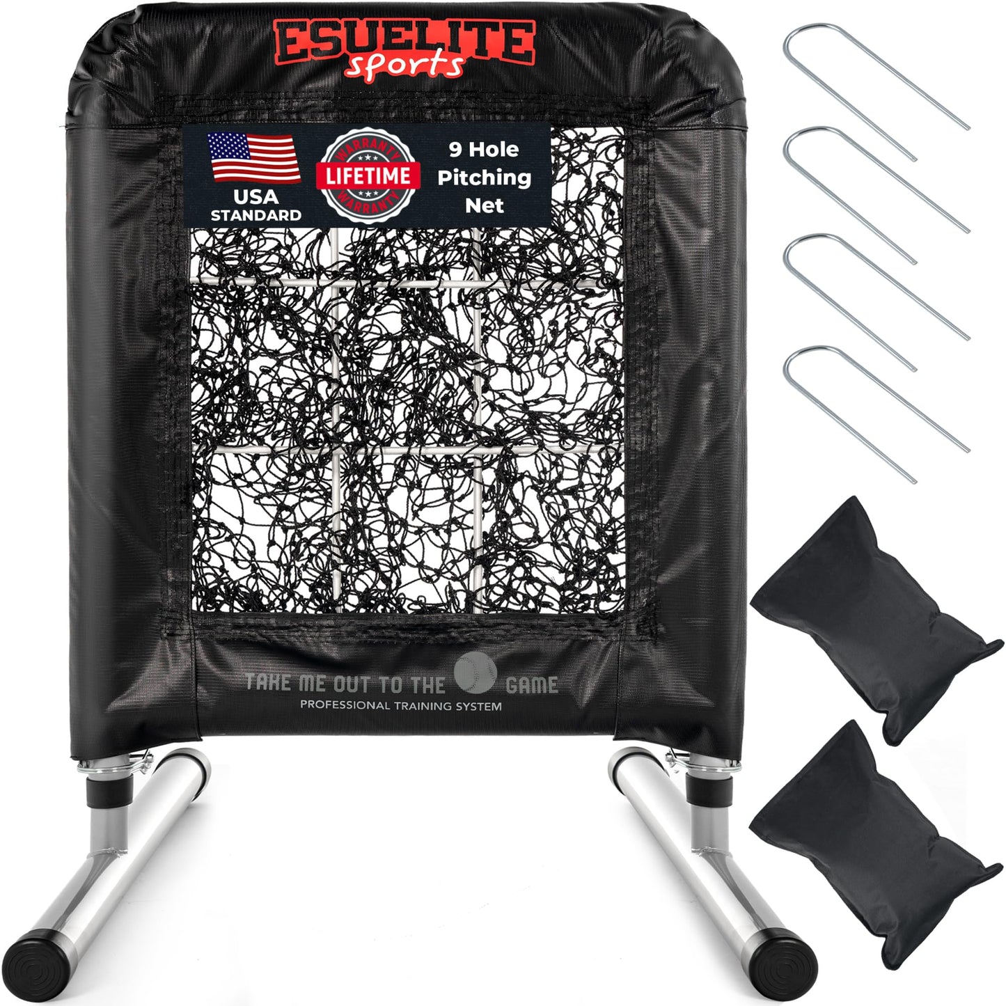 Heavy-Duty 9 Hole Pro Style Baseball & Softball Pitching Net with Strike Zone Target - Adjustable Portable Design for Training, Includes 4 Stakes & 2 Sandbags（Black Pro）