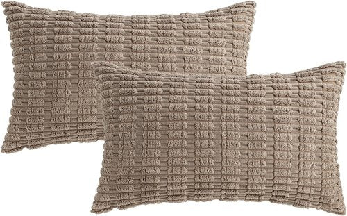 MIULEE Corduroy Lumbar Throw Pillow Covers - Soft Boho Striped Design | 20x12 Inch Light Brown for Modern Farmhouse Decor