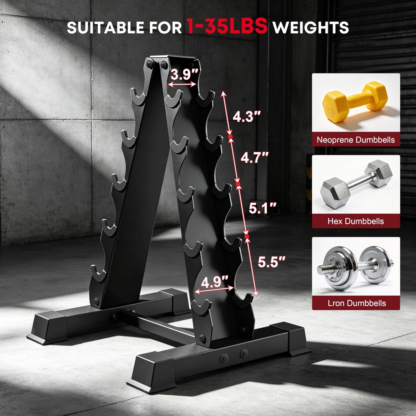 JDGG A-Frame Dumbbell Rack Stand Only, 5 Tier Steel Weight Rack for Home Gym, 300LBS Weight Capacity Compact Dumbbell Holder with Rubber Inserts, Space-Saving Gym Storage Organize