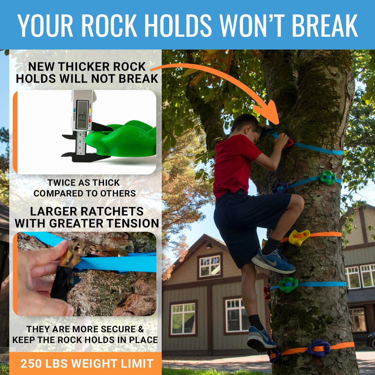 Hyponix Ninja Tree Climbing Kit – 16 Large Rock Holds & 8 Ratchets, 10-Minute Setup, Thicker Textured Grips, Supports 250lbs, CPC Certified Safety, Portable Bag – Backyard Fun & Ideal Gift for Kids