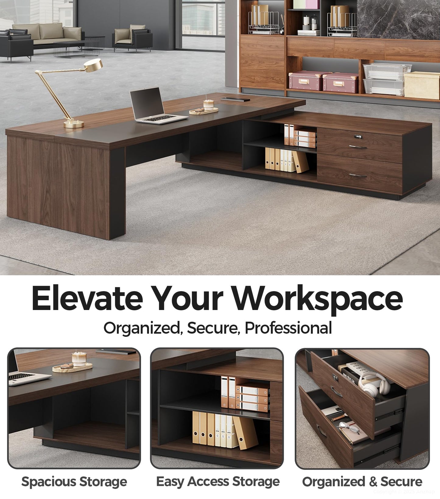 87" Reversible L-Shaped Executive Desk with Drawers – Luxury Office Computer Desk with Open Shelves, LED Lighting, Built-in Outlet & USB Ports for Home Office, Corporate, School (87"W x 71"D x 30"H)