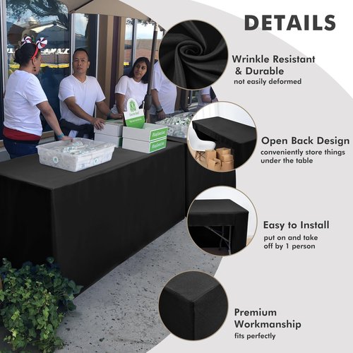 Nasitos 4 Pack Fitted Black Tablecloths for 6 foot Rectangular Tables-Washable and Wrinkle Resistant Trade Show Table Cover, Open Back Folding Table Cloth for Craft Show, Parties, Events, Vendor Booth
