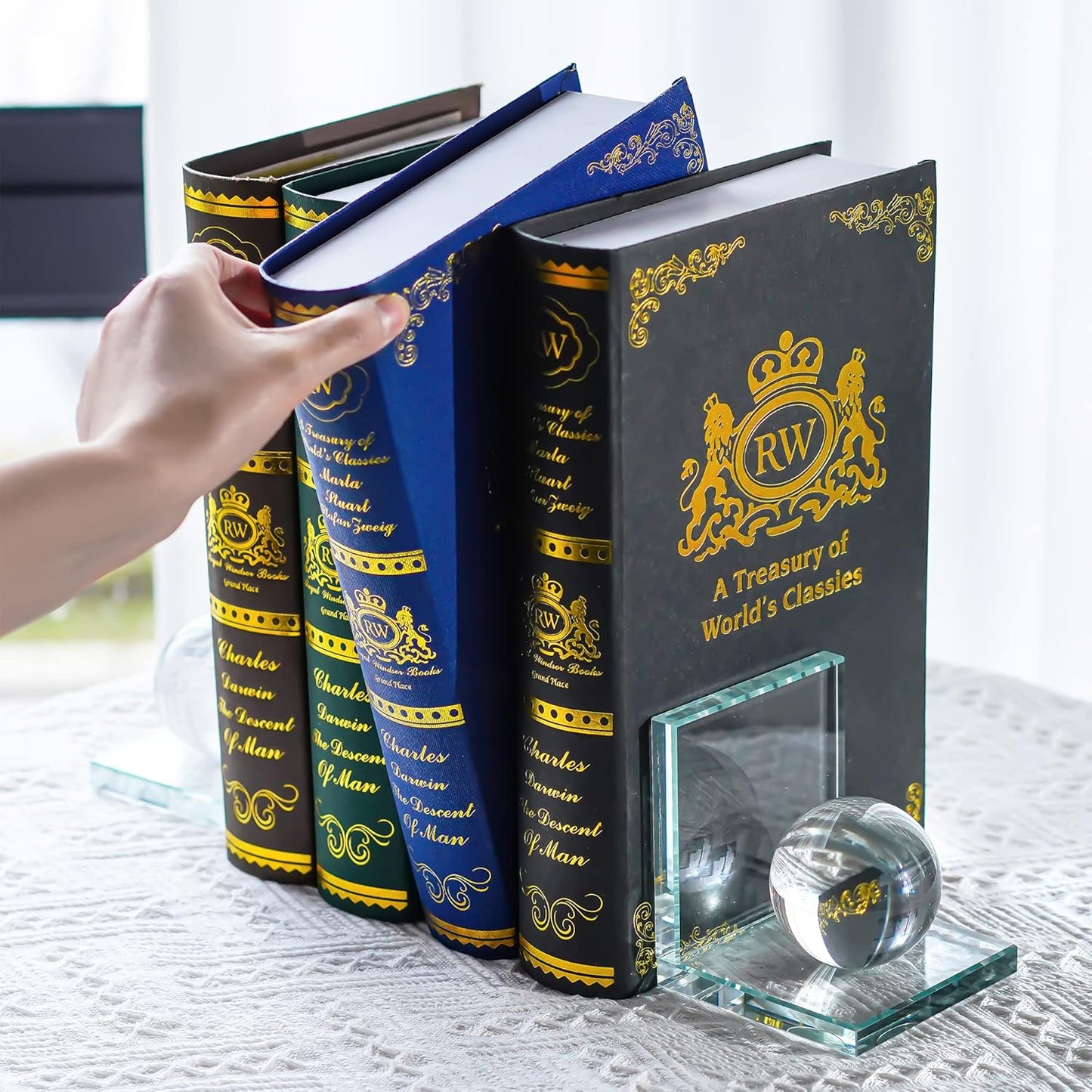 Skiennix Crystal Bookends - L-Shape Non-Skid Heavy-Duty Book Holders | 4-Inch Clear Decorative Ornaments