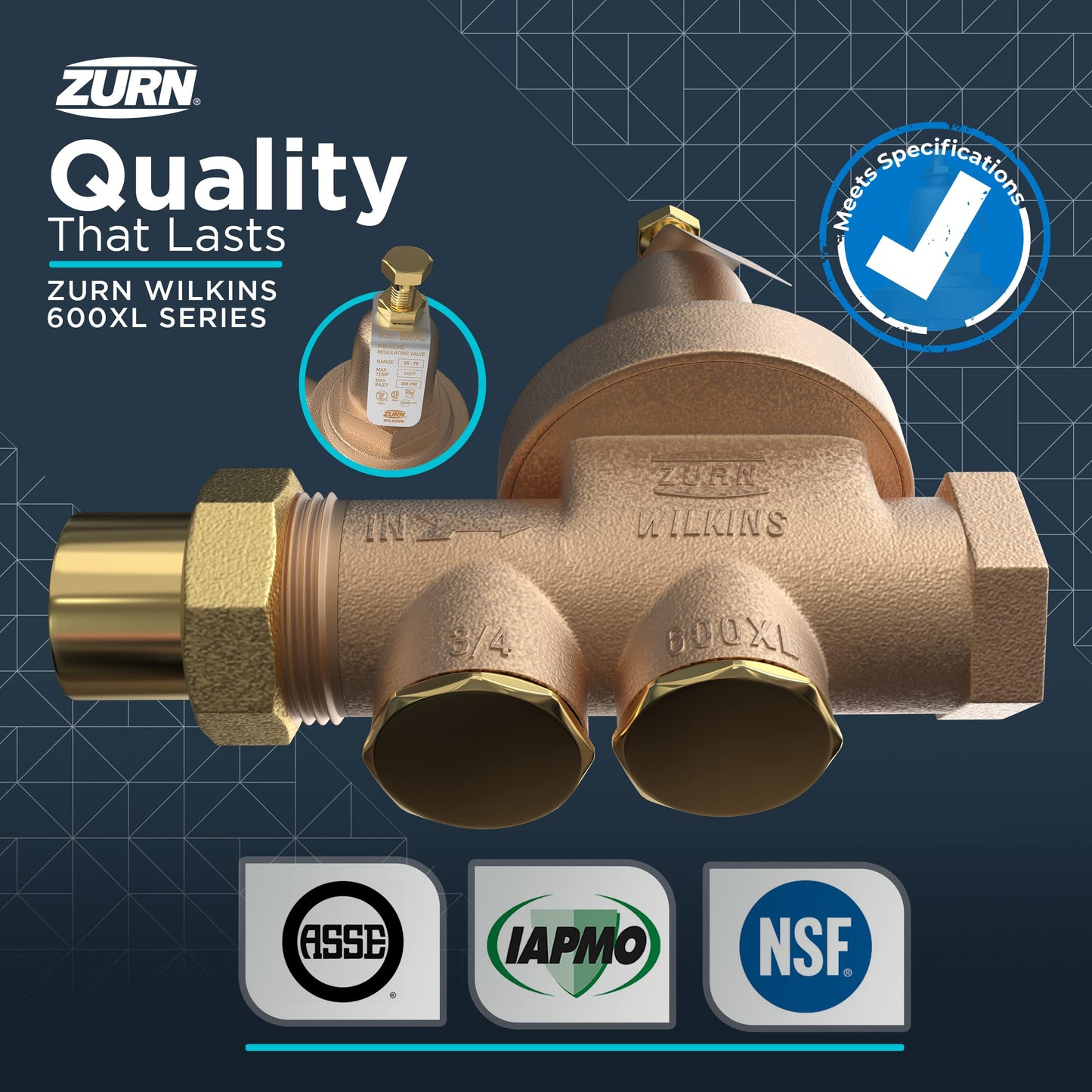 Zurn Wilkins 34-600XLC 3/4" 600XL Pressure Reducing Valve with cop/ Sweat Connections
