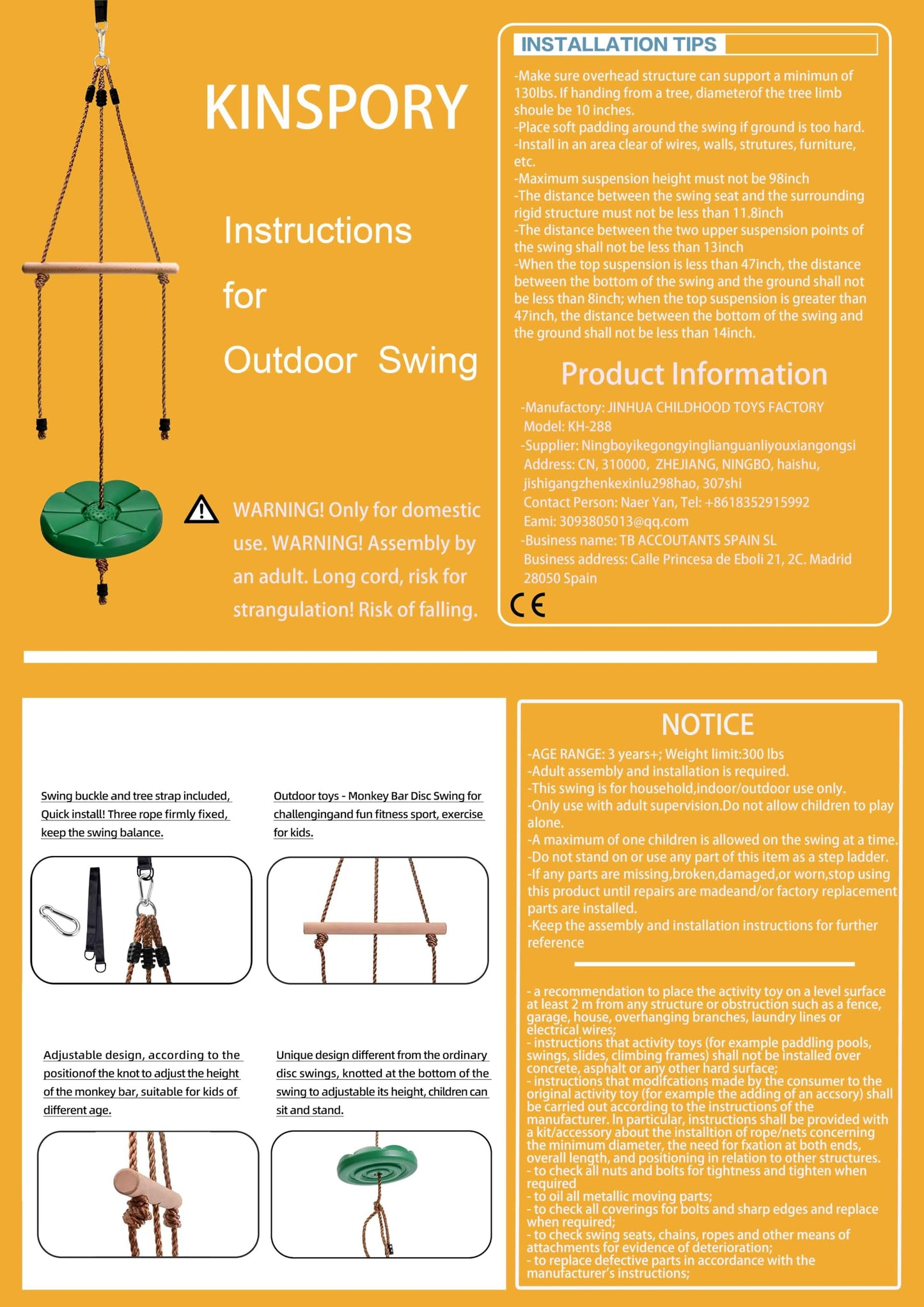 KINSPORY Disc Swing for Kids, Swing Set Accessories, 7FT Height Adjustable Gym Monkey Bars, Hanging Tree Seat for Backyard, Outdoor Play Equipment - Green