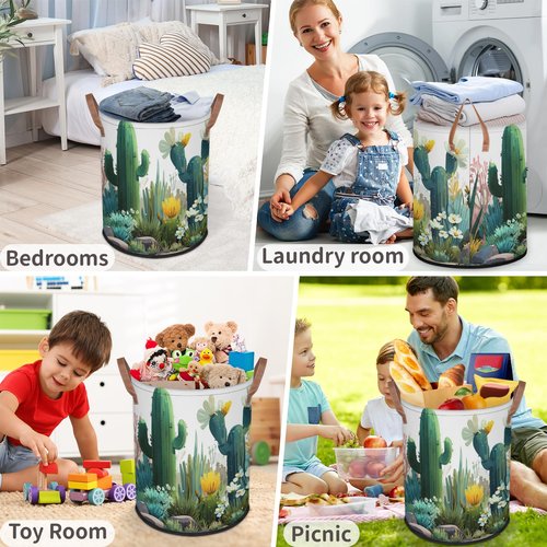 FZDXZJJ Large Round Laundry Storage Basket - Cactus Bin with Handles, Collapsible box for Home, Office, Toy Organizer, Bedroom, Living Room, Home Decor (Cactus)