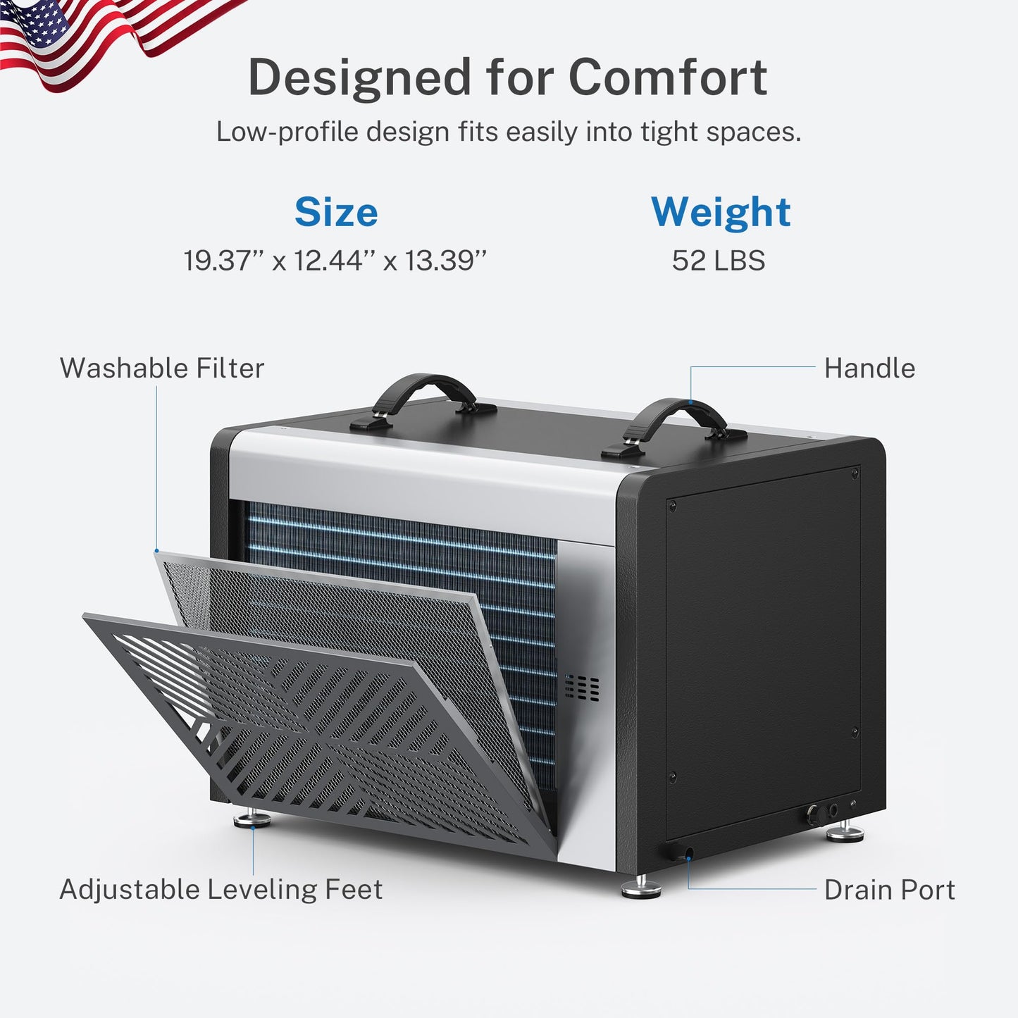Yaufey 125 Pints Commercial Dehumidifier with Drain Hose for 6500 Sq.Ft. Crawl Space, Basement, Industrial, 10-90% RH Humidity Control, 24/7 Running Continuous Drainage, TUV Certified, 5-Yr Coverage