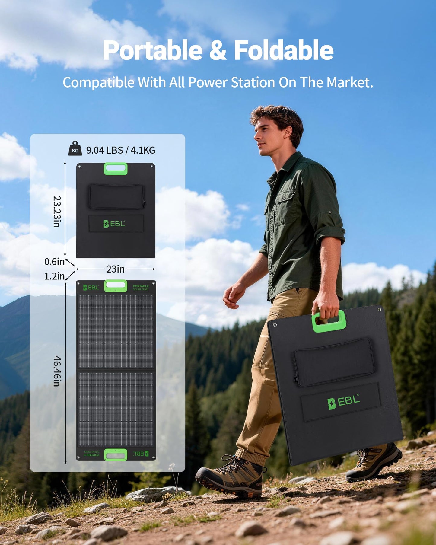 EBL Solar Panel 100W Portable Solar Panel (Upgraded) for 240/300/500/1000/1500/2000 Power Station, with Adjustable Kickstand and Parallel Cable, Waterproof IP65 for Outdoor Camping Hiking RV Trip