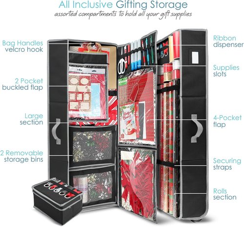 Hearth & Harbor Holiday Storage with Extra 2 PC of Christmas Storage Bins and Ribbon Storage Organizer - Fade Resistant Wrapping Paper Storage Containers with Wheels Fits Up to 30 Rolls of 40" Length