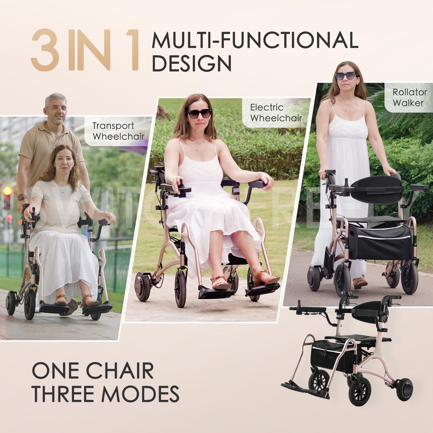 CARLIKE 3-in-1Lightweight Foldable Electric Wheelchair for Adults& Rollator Walker,Power Wheelchair Folding Portable Electric Wheelchair with Power Assist, Mobility Chair for Seniors(Pink Gold)