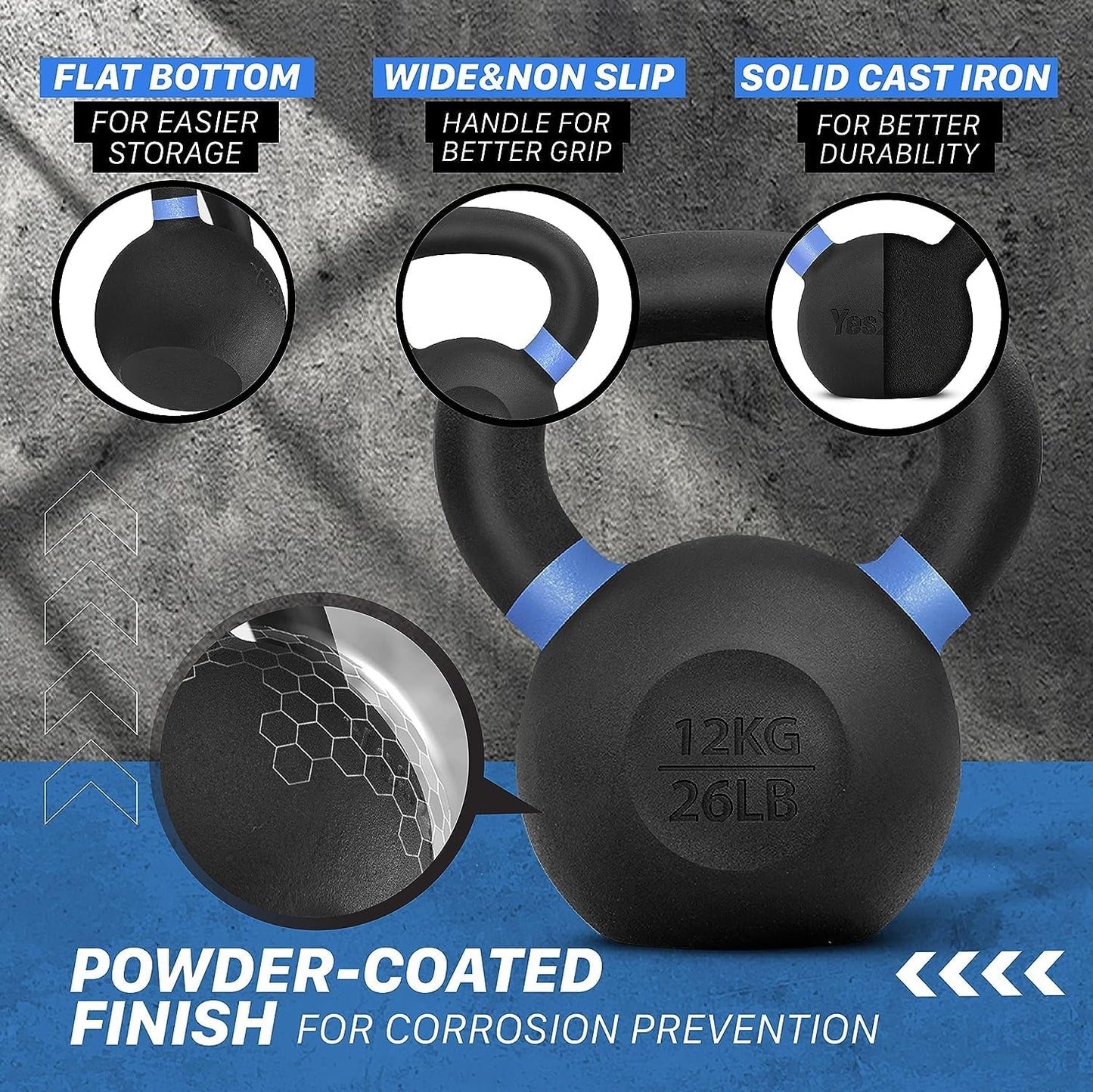 Yes4All Powder Coated Kettlebell, 26 lb Cast Iron Core Kettlebells with Non-Slip Handle & Flat Bottom for Conditioning, Heavy Duty for Strength Training - Single, Blue