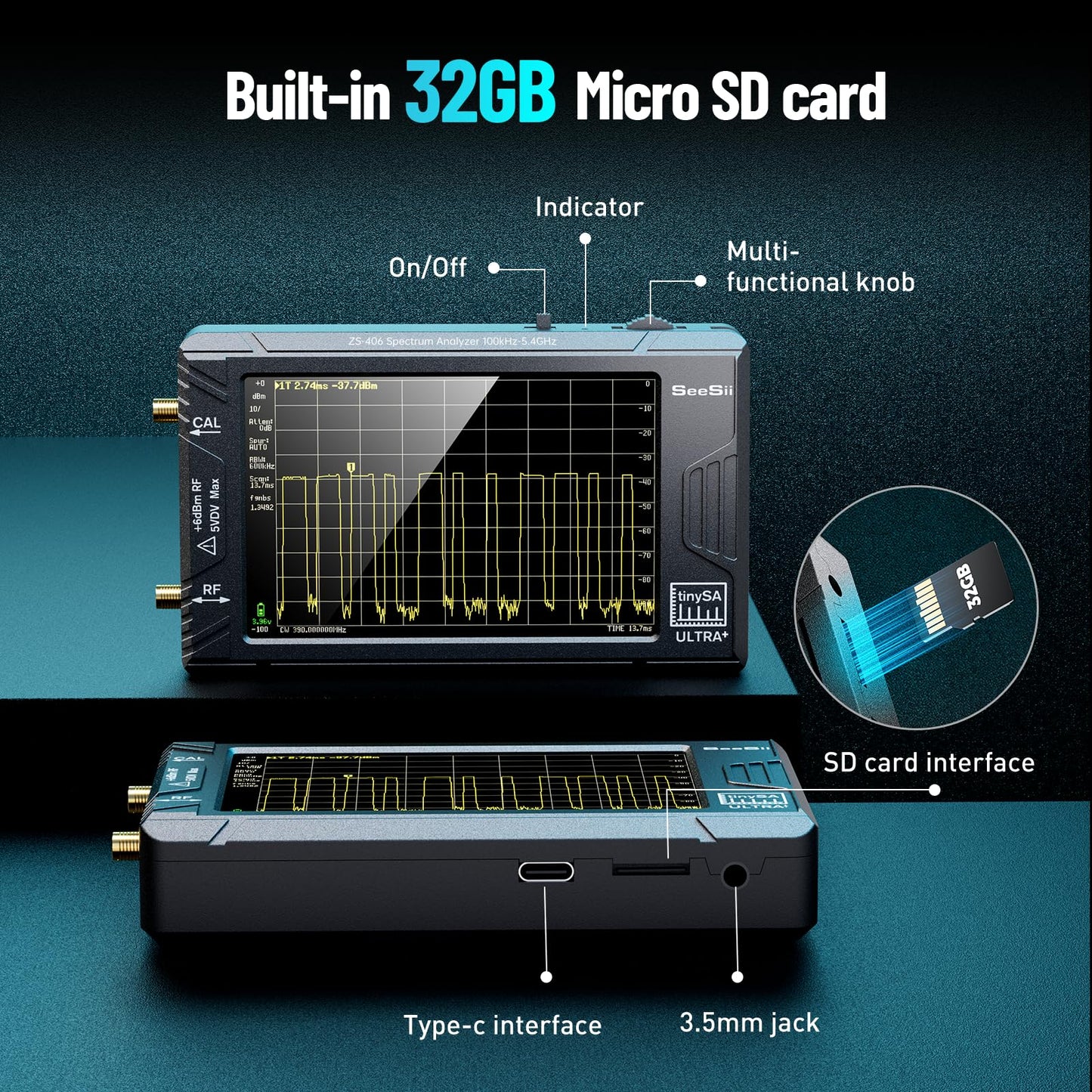 SeeSii TinySA Ultra+ ZS406 Spectrum Analyzer, 4.0 Inch 100kHz to 5.4GHz Handheld Tiny Frequency Analyzer with 32Gb Card, 2-in-1 Signal Generator MF/HF/VHF UHF Input,V0.4.6.1,2025 Upgraded