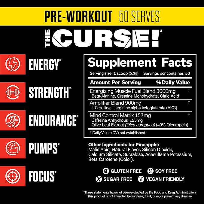 JNX SPORTS The Curse! Pre Workout Powder for Men & Women, Caffeine, Beta-Alanine, Creatine, L-Citrulline, 50 Servings, Pineapple Flavor ??Boost Energy, Strength & Focus
