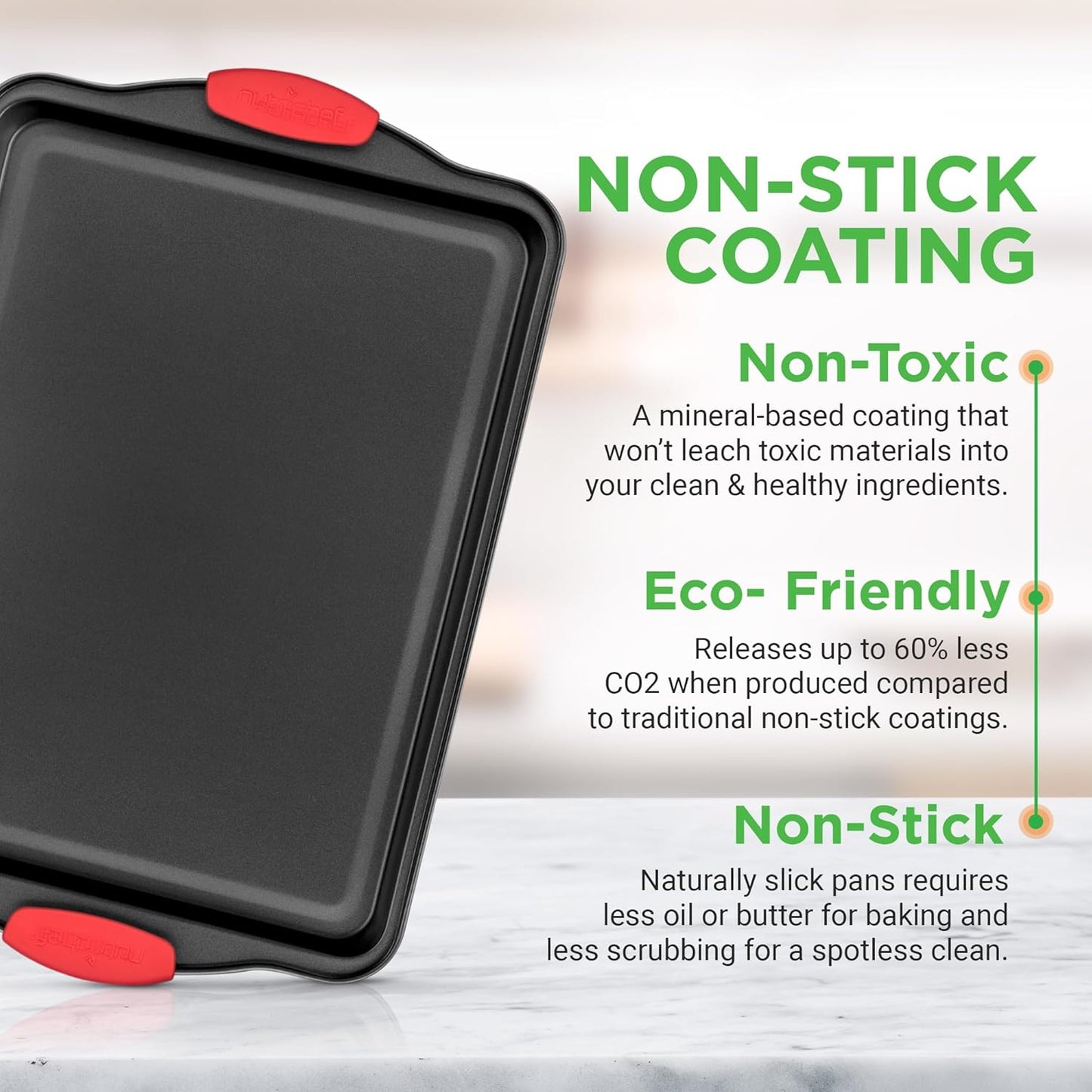 NutriChef Nonstick Baking Pans Set - Premium Carbon Steel Cookie Sheets with Red Silicone Handles | Oven Safe, Dishwasher Safe (6 Pack)