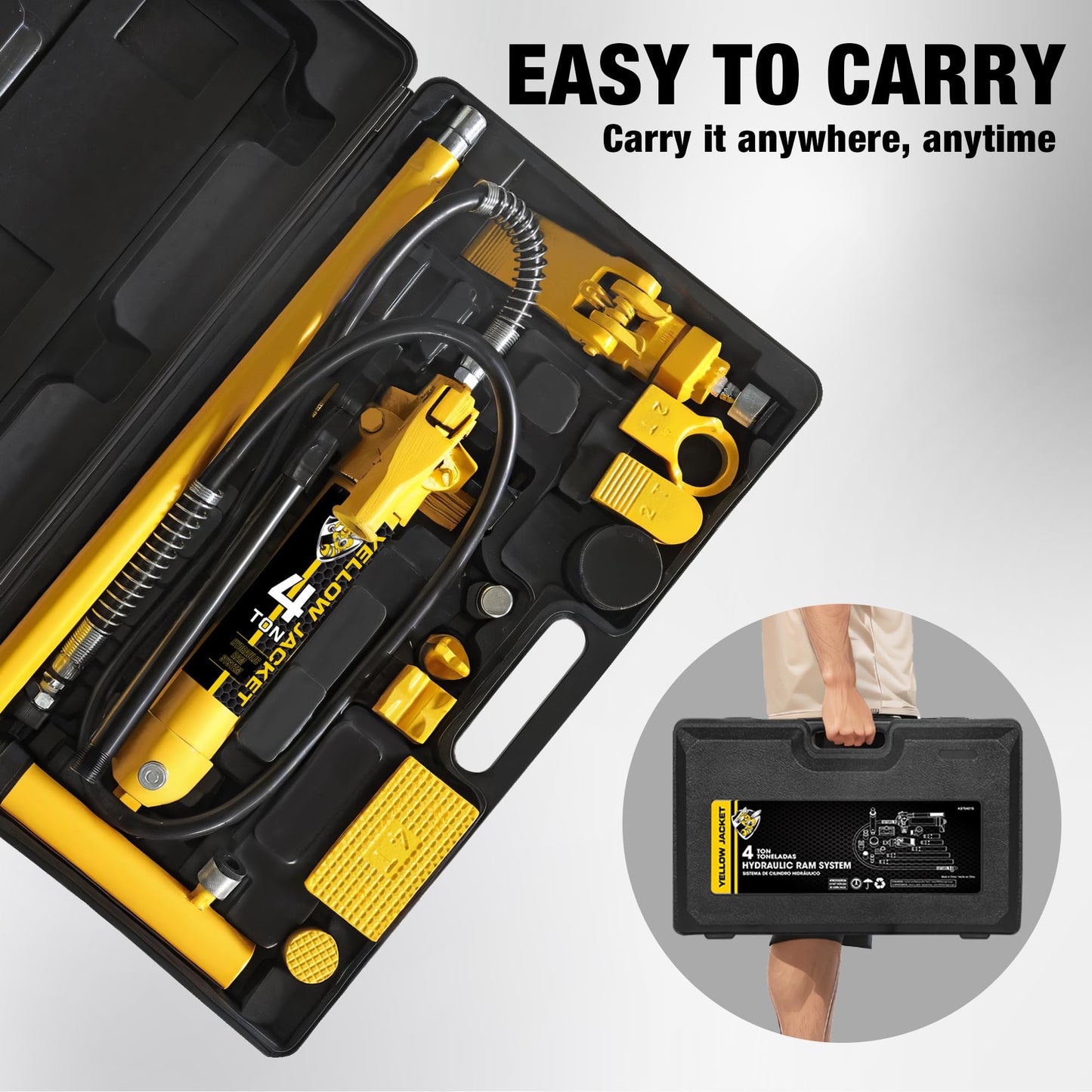 YELLOW JACKET 4 ton Hydraulic Ram Jack Pusher Puller Auto Body Frame Repair Tool Porta Power Kit with Blow Mold Carrying Storage Case for Car Repair,Truck,Farm