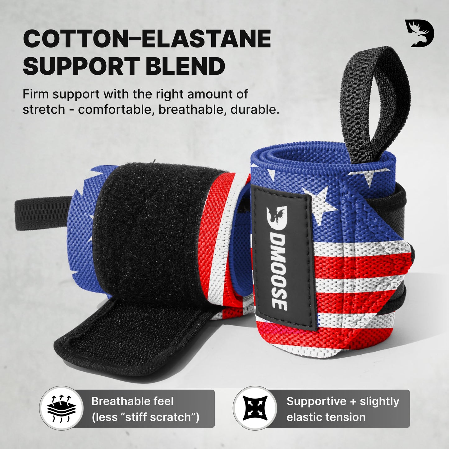 DMoose Wrist Wraps Weightlifting Men 12 and 18 Inches Thumb Loops with Wrist Support for Workouts Powerlifting Wrist Straps for Weight Lifting Men and Women American III