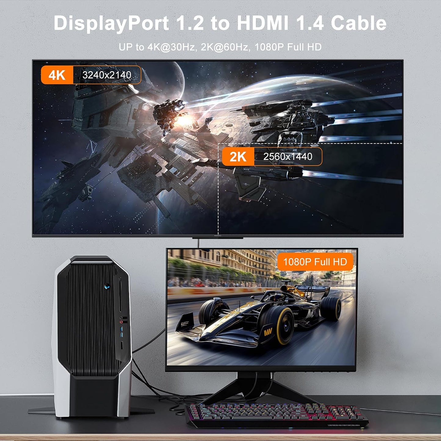 kanmis 4K 3FT, 4K@30Hz, 2K@60Hz, 1080P 1.2 1.4 DisplayPort to HDMI Cable Full HD, Uni-Directional DP Computer to HDMI