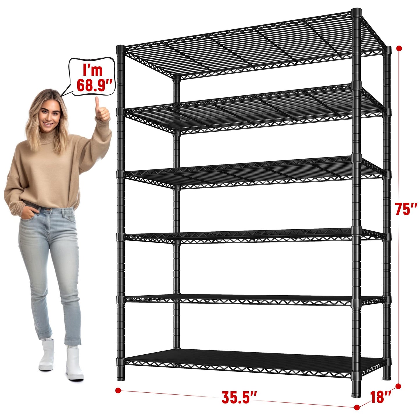 REIBII 6 Tier Wire Shelving,1800LBS Storage Shelves Metal Shelves for Storage Rack,75''H Adjustable Garage Shelving Heavy Duty Shelving Units Pantry Shelf Kitchen,75''HX35.5''WX18''D