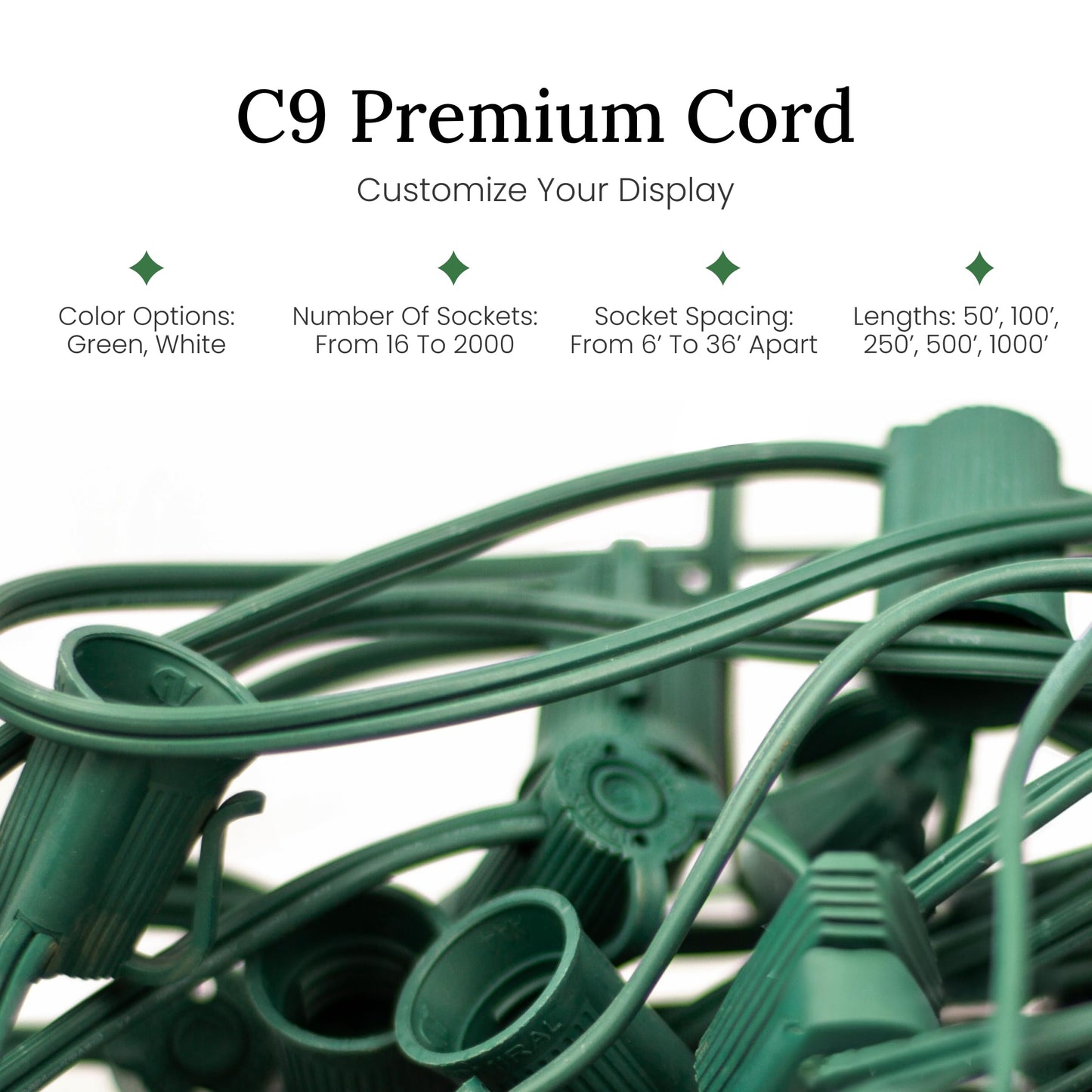 Christmas Designers Pro Christmas C9 Light Cord - 500 ft Spool, 500 Bulb Sockets, 12” Spacing, Green Wire