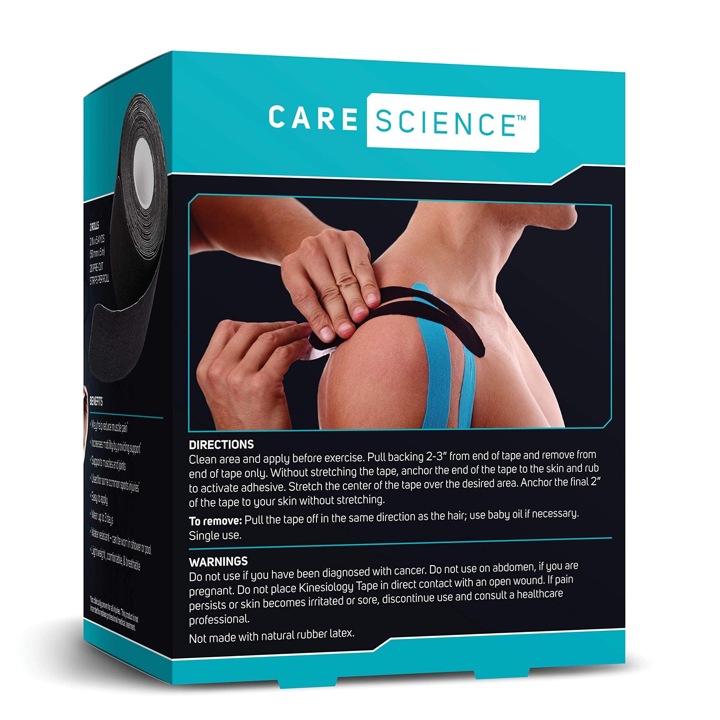 Care Science Waterproof Kinesiology Tape, 40 ct Precut Strips (2 Rolls), Black | Elastic Sports & Weightlifting Tape Supports Muscles & Joints. Water Resistant