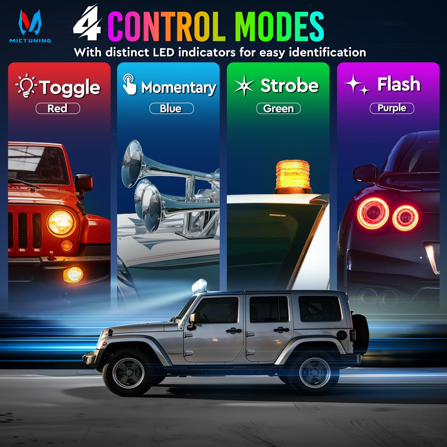 MICTUNING MS-W 8 Gang Wireless Switch Panel Slim Design,208FT Range RGB Auto-dimming Backlit, Rechargeable Multifunction Toggle Momentary Flash Strobe Circuit Control Relay Box for Off Road Truck