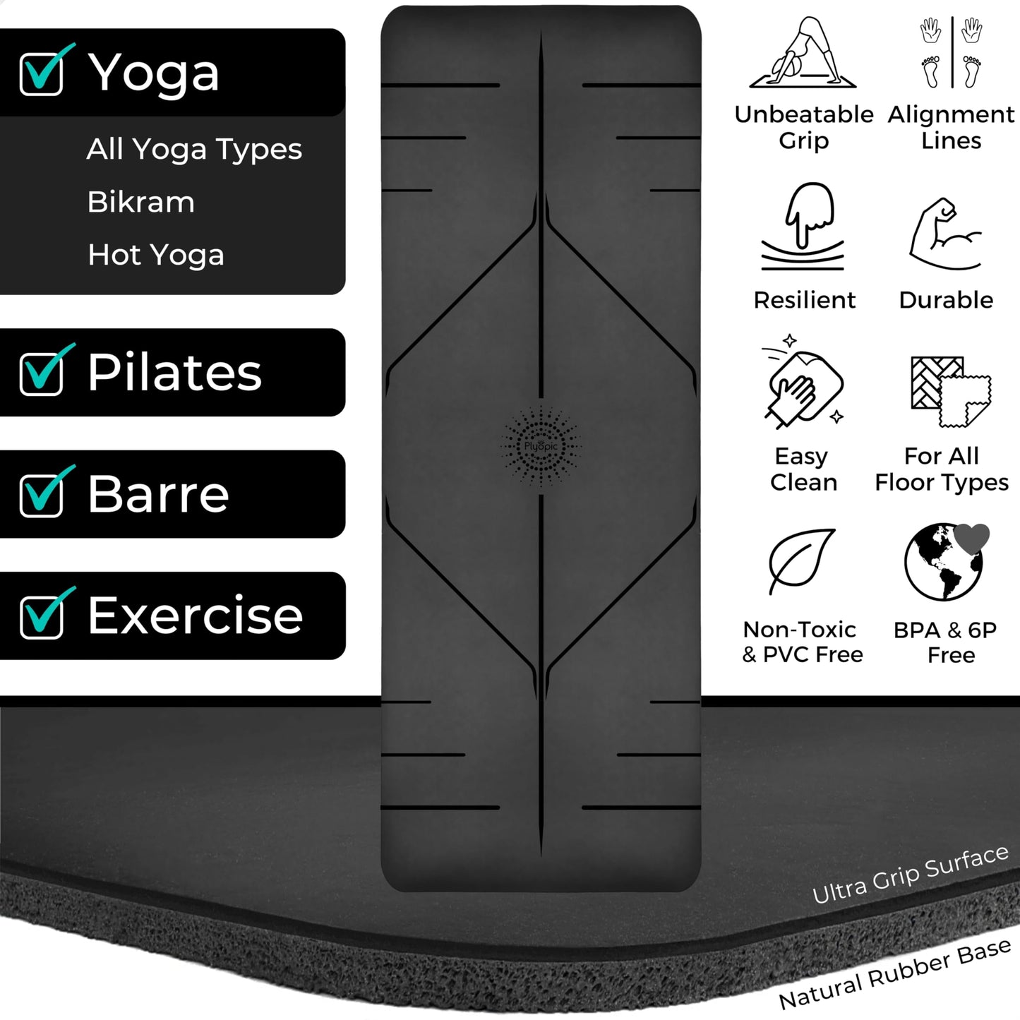 Plyopic. Ultra-Grip Pro Yoga Mat – EXTREME Non-Slip Performance - Dry & Wet Grip - Alignment Lines - Comfortable & Sweat Resistant - For Yoga, Pilates, Exercise, Workout, Bikram & Hot Yoga