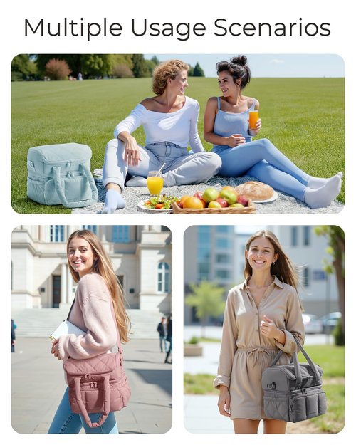 BAGSMART Lunch Bag Women, Double Deck Insulated Lunch Box, Quilted Puffer Lunch Tote, Leakproof, Durable & Reusable Large Lunch Cooler For Work Picnic Travel Meal Prep, Dark Pink