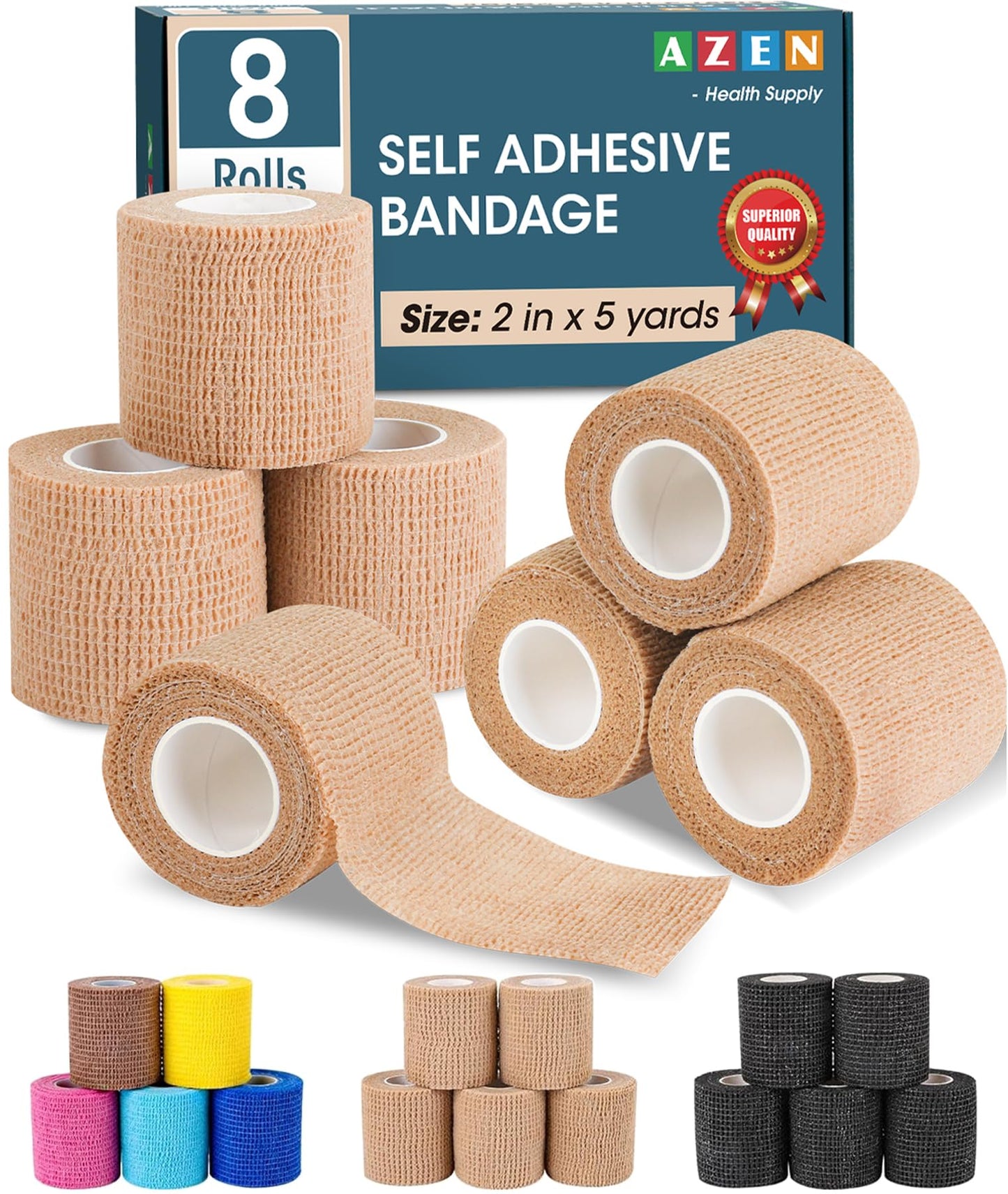 AZEN 8 Pack Self Adhesive Bandage Wrap, Elastic Cohesive Bandage Wrap, Skin Color Athletic Tape, Vet Wrap, Ankle Tape