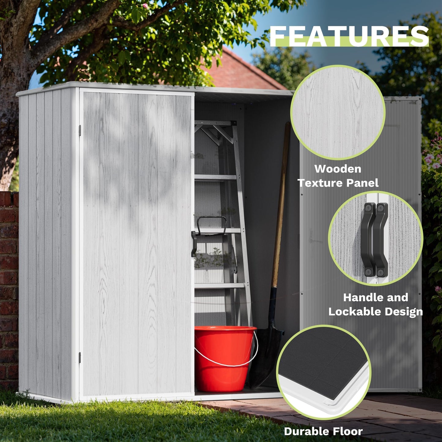 Devoko 5x3 FT Resin Storage Shed with Floor, Plastic Outdoor Storage Cabinet with Lockable Door, Waterproof Vertical Tool Small Shed for Patio Garden Backyard, Light Gray