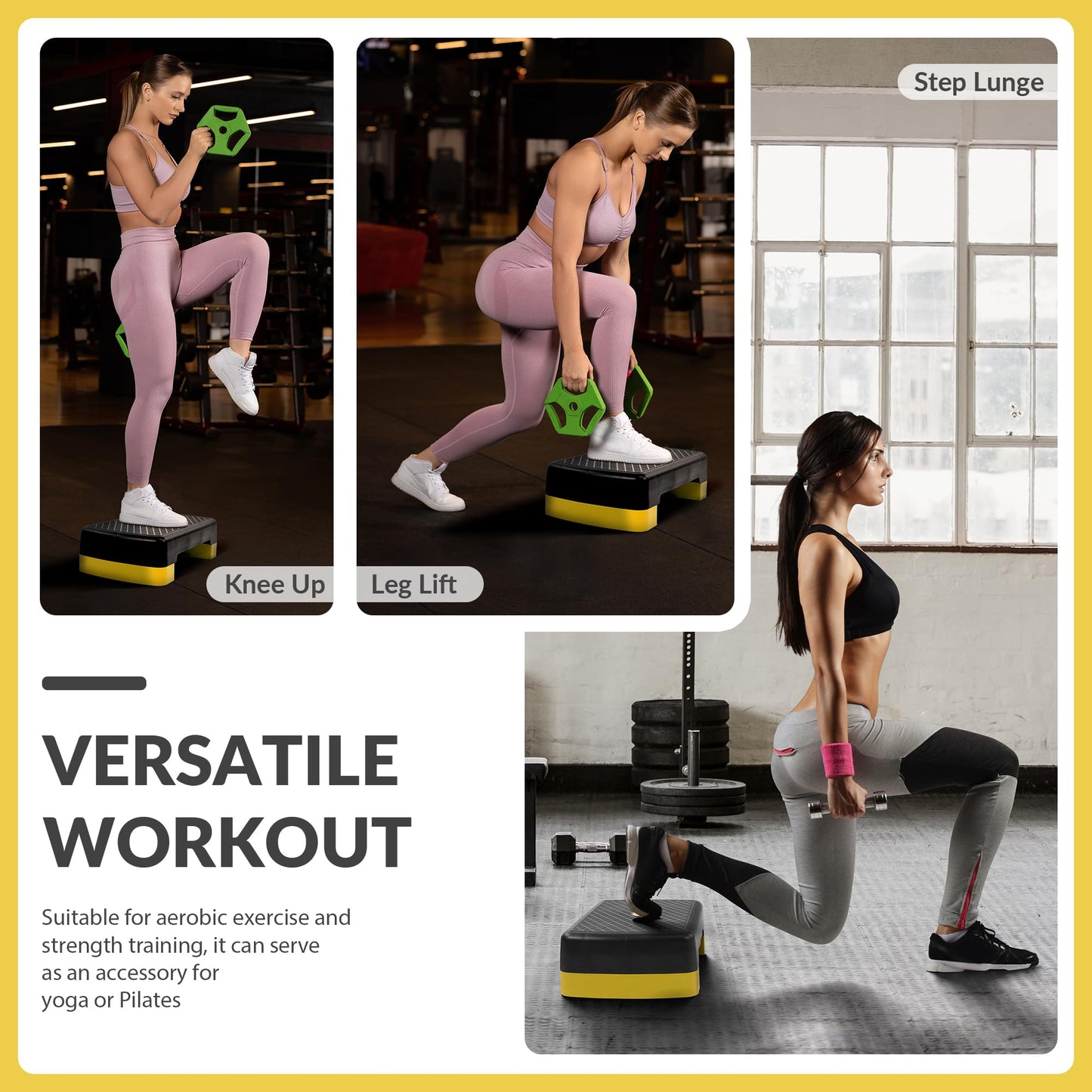 Fitvids 18" Aerobic Step Platform, Workout Stepper with Adjustable 2 Stackable Risers 3" 5.5" for Home Gym Small Space, Exercise Step, Yellow/Black