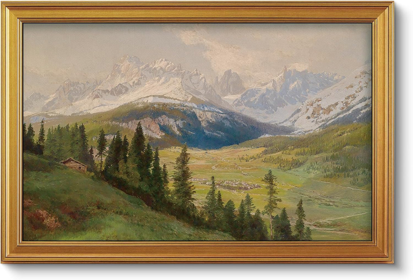 VIYYIEA Vintage Gold Framed Wall Art - Snow Mountains Canvas Print for Living Room | Large 36" x 24" Oil Painting