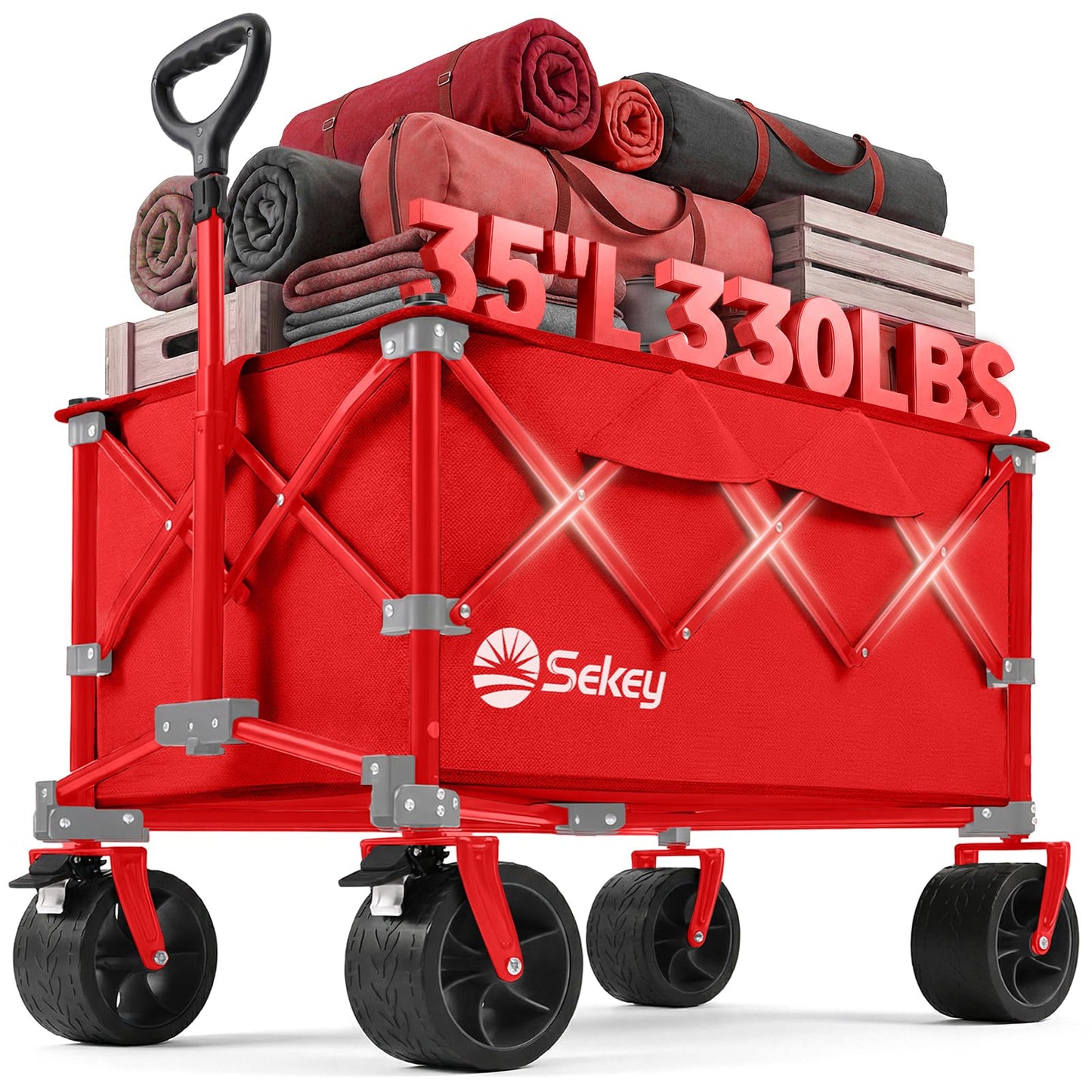 Sekey 150L Wagons Carts Foldable with Big All-Terrian Beach Wheels, Collapsible Heavy Duty Wagon, Extra Large Folding Wagon, Foldable Wagon for Camping, Garden, Sports. Red
