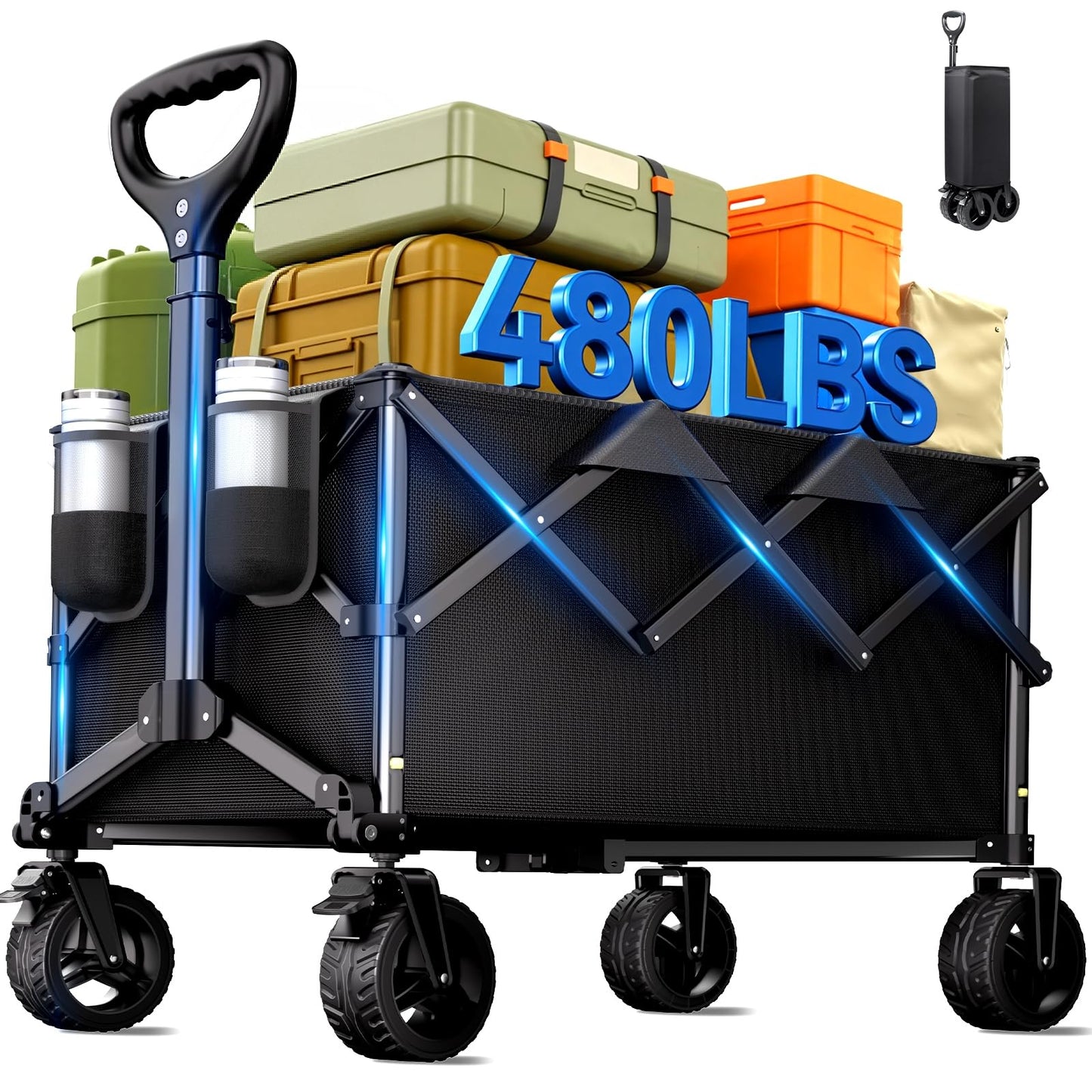 Collapsible Wagon Cart, 480lbs Heavy Duty Beach Wagon with All-Terrain Universal Wheels & Adjustable Handle, Portable Utility Wagons Carts for Camping, Garden, Grocery, Fishing & Sports