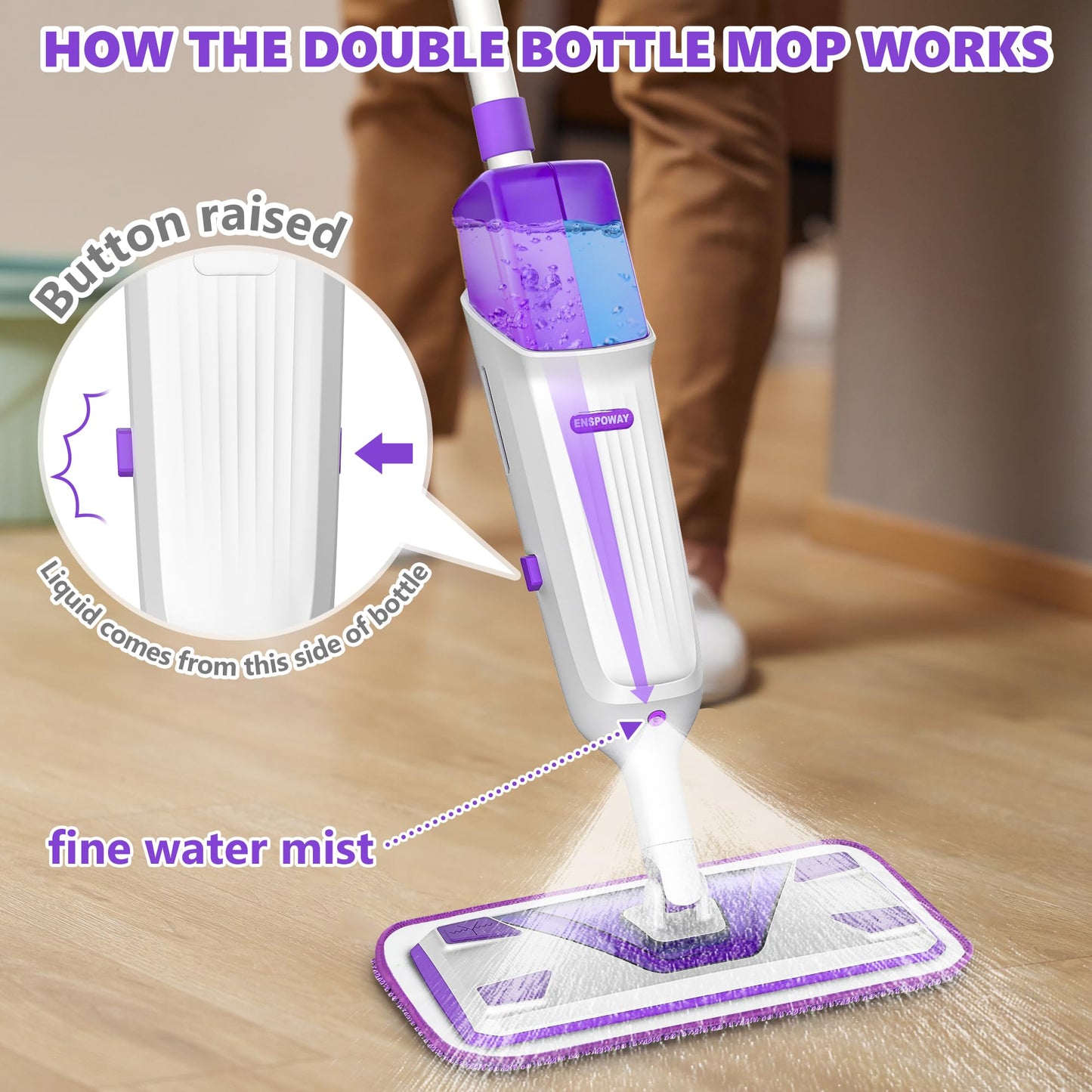 Double Bottle Spray Mop Series - Enspoway Dust Floor Mop with Washable Pads x3 for Wet Dry Home Bathroom Office Commercial for Hardwood Laminate Wood Marble Tiles Ceramic Floor Cleaning