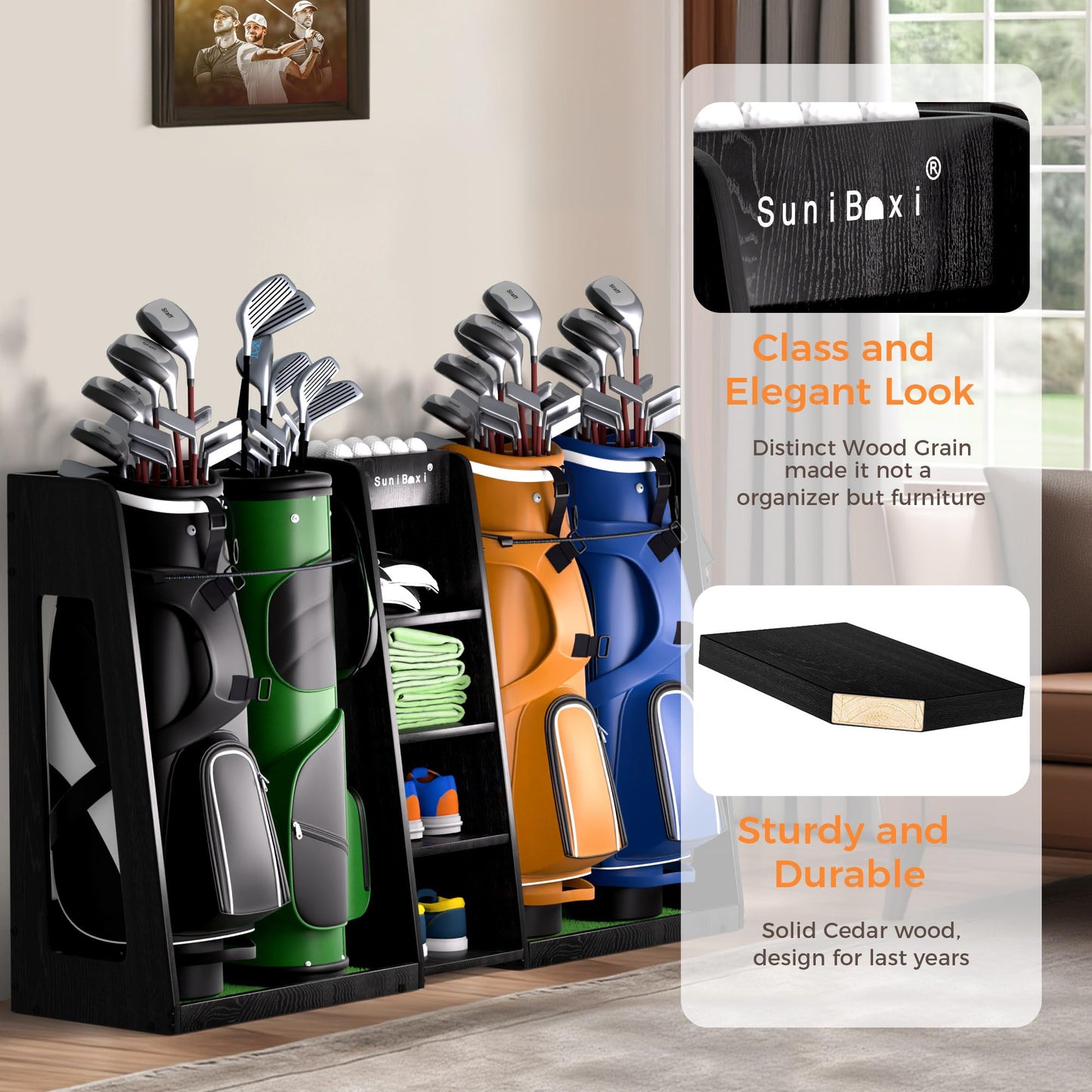 SuniBoxi Golf Organizer for Garage, XL Wooden Golf Bag Storage Rack for 4 Bags, Clubs, Balls & Equipment, Heavy-Duty Golf Bag Holder, Ideal Gift for Golfers, Dad, Husband(4 Bags,Dark Black)