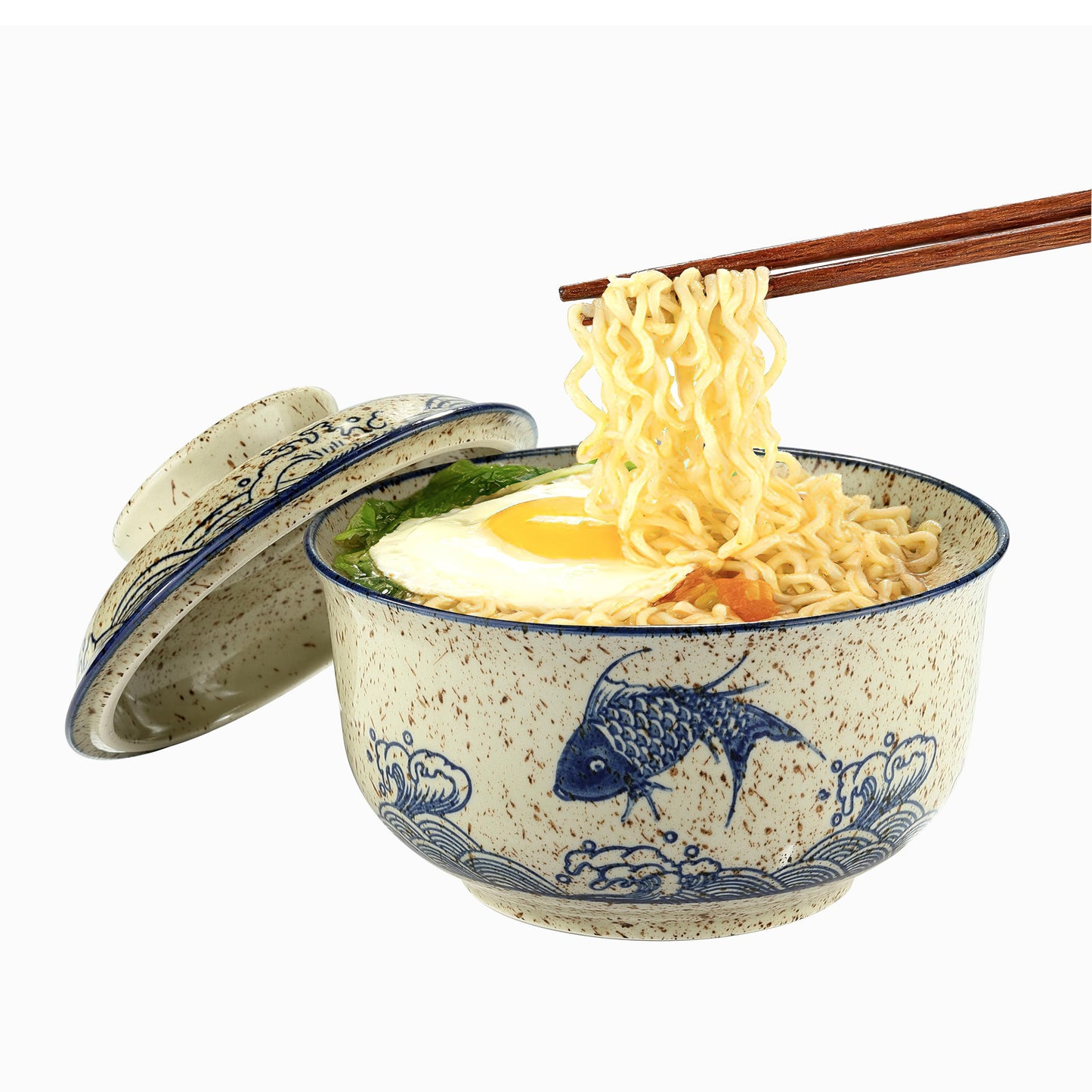 Ramen Bowl, DV 25 OZ Microwavable Japanese Korean Ramen Soup Bowl with Lid, Blue Fish and Wave Design