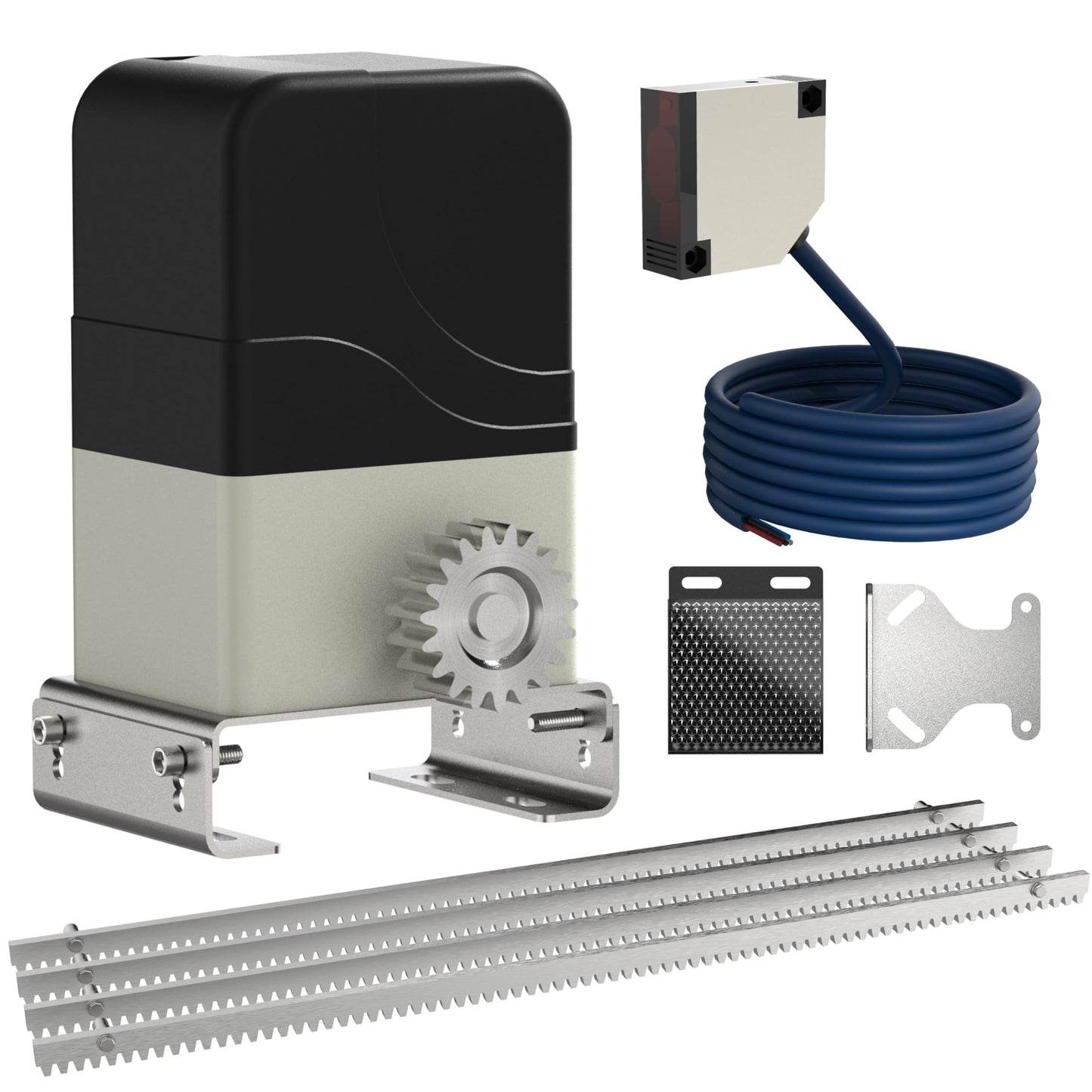Blütezeit MJ-300 Sliding Gate Opener with 13.12ft Steel Gear Racks & 13ft Retro-Reflective IR Sensor – 900lb AC Sliding Gate Motor with Heavy-Duty Rack Drive & Safety Beam