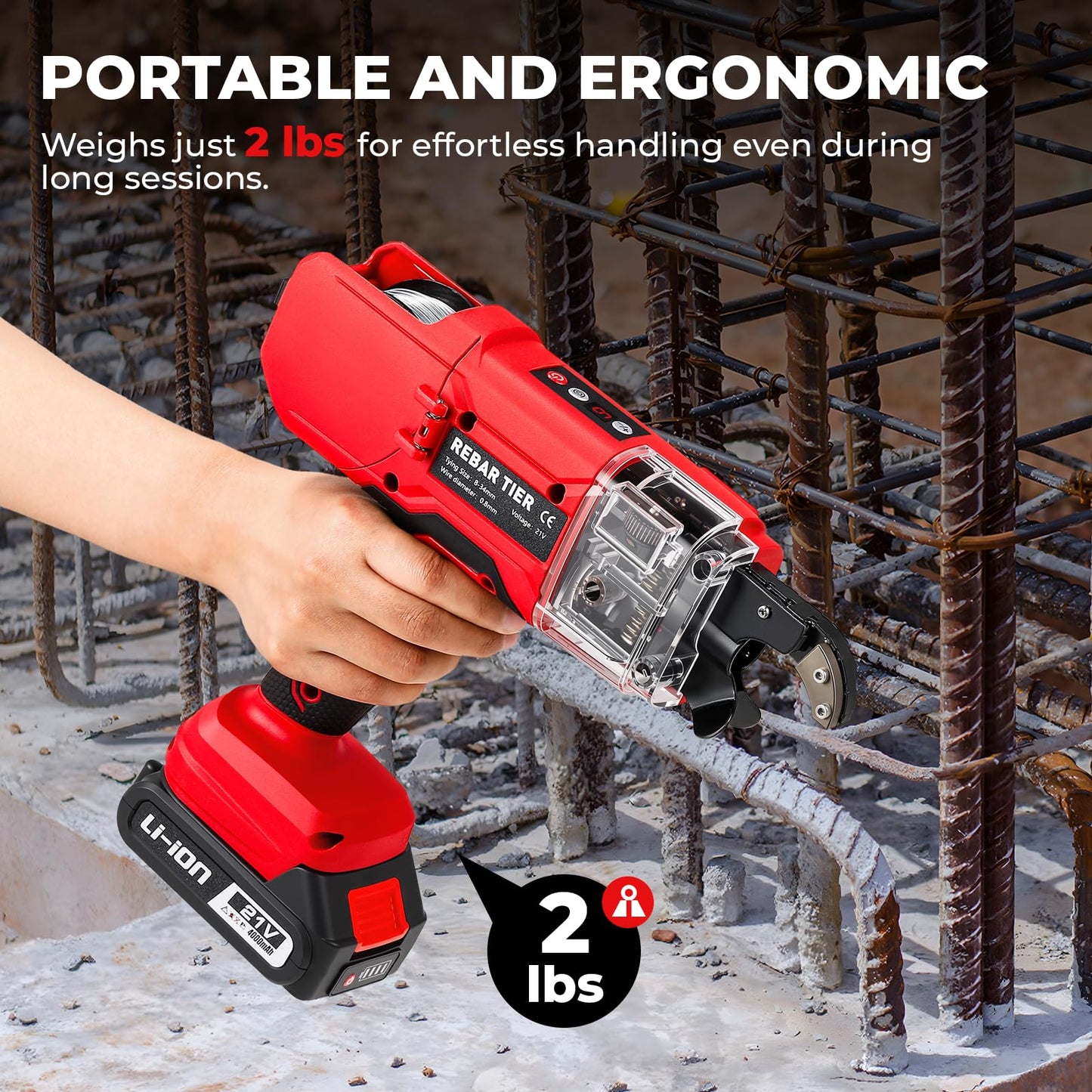Rebar Tying Machine, Automatic Rebar Tie Gun, Electric Cordless Wire Twister Tool, Battery Powered 1-9 Tightness Adjustable for Φ 0.3" to 1.3" Rebars