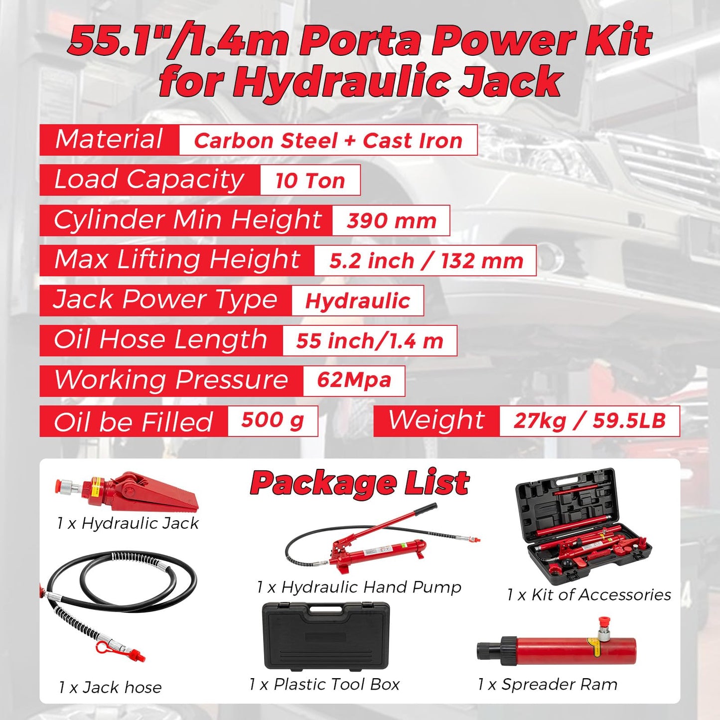 ‌12-Ton Heavy Duty Porta Power Hydraulic Jack Kit, Professional Hydraulic Ram Pump System with 55-Inch/1.4m Oil Hose, Portable Storage Case for Trucks, Tractors, Auto Repair