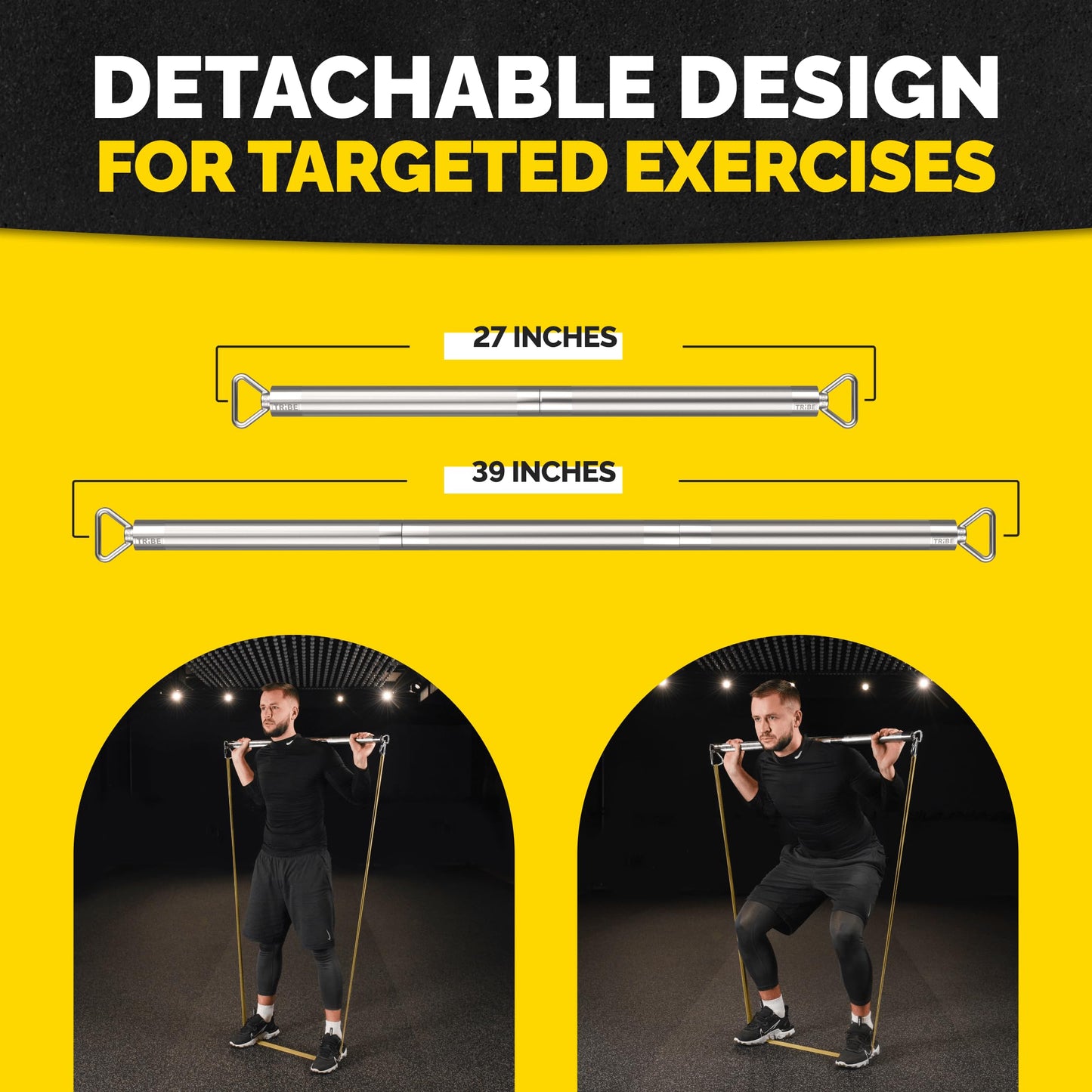 Tribe Lifting Resistance Band Bar - Heavy Duty Steel Bar for Resistance Bands - Resistance Bands Bar 3-Section Adjustable 39 to 27 Inch - Ball Bearing Swivel - Portable Home Gym Workout