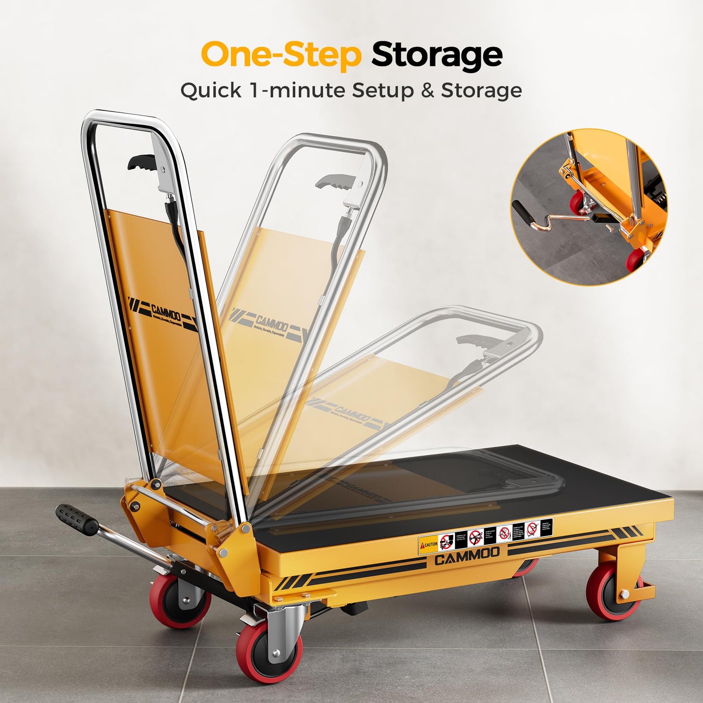 CAMMOO Foldable Hydraulic Lift Table Cart, 500lbs Capacity, 28.5" Lifting Height, Single Scissor Lift with Non-Slip Pad & Thickened Scissors Design for Material Handling and Transportation, Yellow