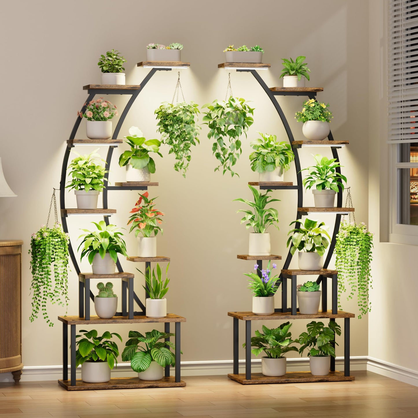 BACEKOLL Plant Stand Indoor with Grow Lights, 9 Tiered Metal Plant Shelf, 64" Tall Plant Stand for Indoor Plants Multiple, Large Plant Rack Display Shelf, Curved Plant Holder for Living Room, Patio