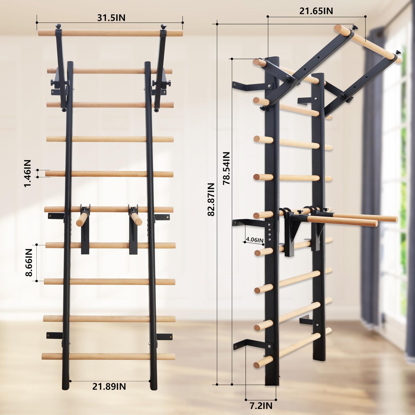 PreGymnastic Stall Bars, Swedish Ladder for Adult and Kids, Wall Bar with Solid Beech Wood Rods, Durable Steel Frame, Adjustable Pull Up and Dip for Strength, Flexibility at Home Gym, Studio