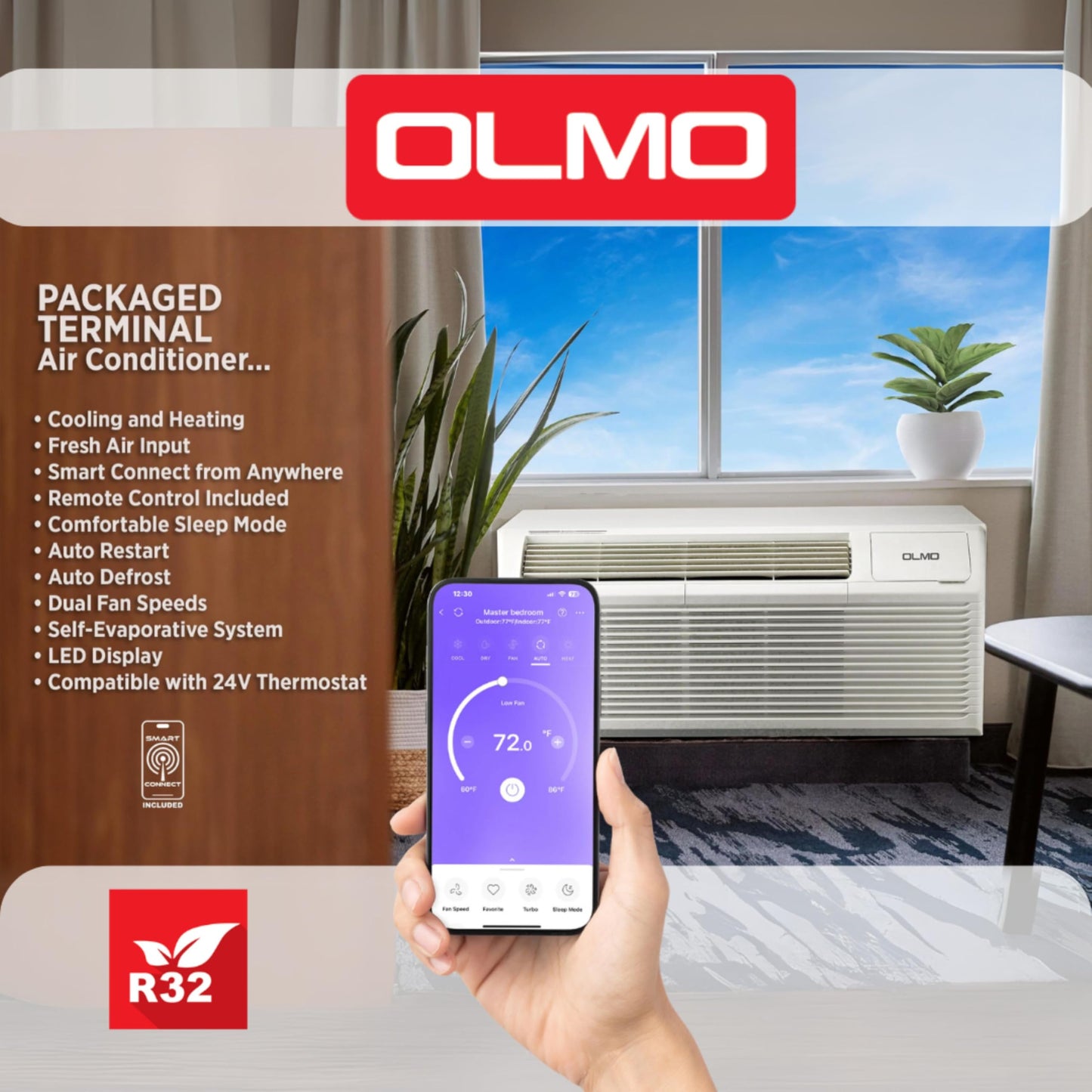 OLMO 15,000 BTU PTAC Heating and Cooling Packaged Terminal Air Conditioner with Heat Strip (R32 Refrigerant) and 5 kW Electric Heater Including Wireless Smart Kit, Remote Controller, and a Power Cord