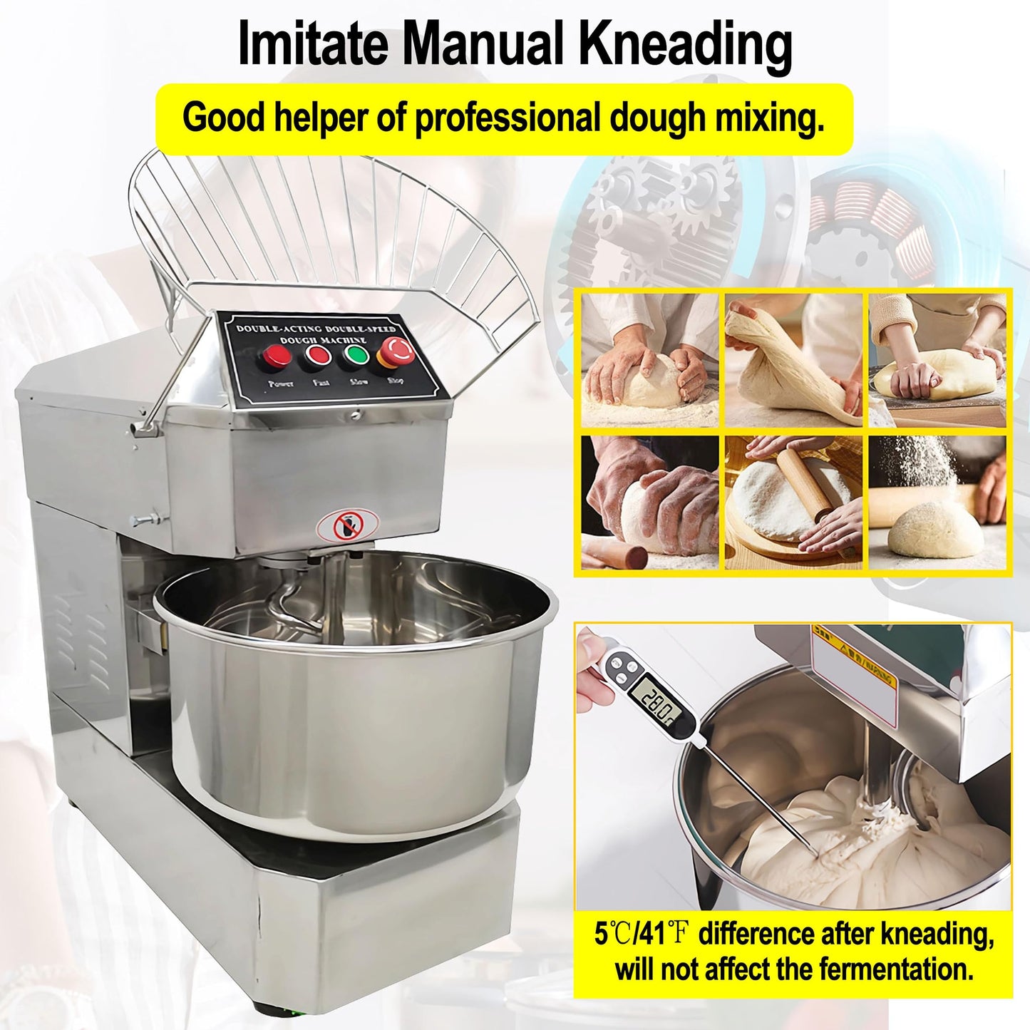 TECHTONGDA Commercial Dough Mixer 50L Food Mixer Stainless Steel Stand Mixer Dual Rotating Dough Kneading Machine with Double Speed Heavy Duty Pizza & Bread Dough Mixer for Restaurant Pizzeria 110V