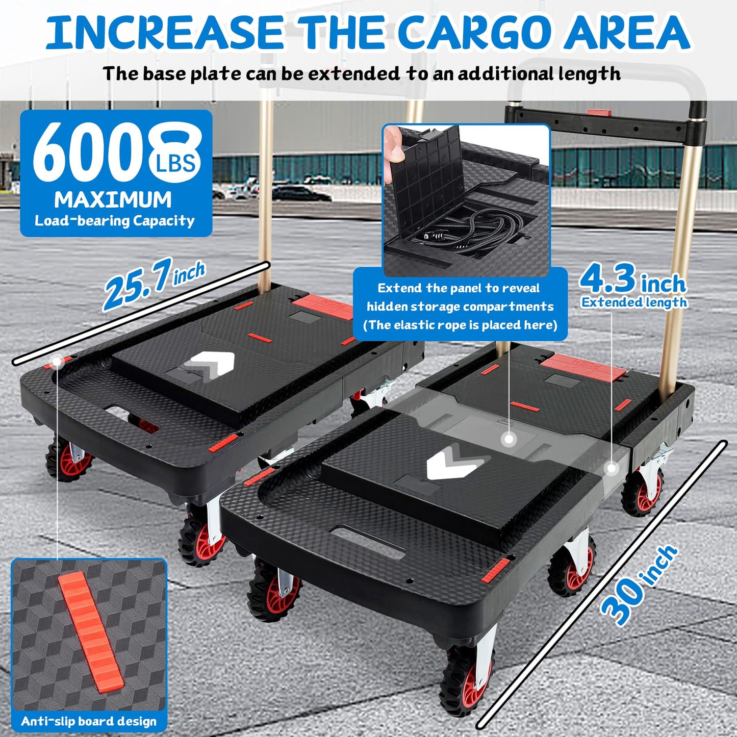 Heavy Duty 600lbs Capacity Platform Truck, Collapsible Dolly Cart w/Brake Wheel, Retractable Platform & Handle,Sponge Grip,Portable Dolly Cart for Luggage,Camping,Delivery & Storage