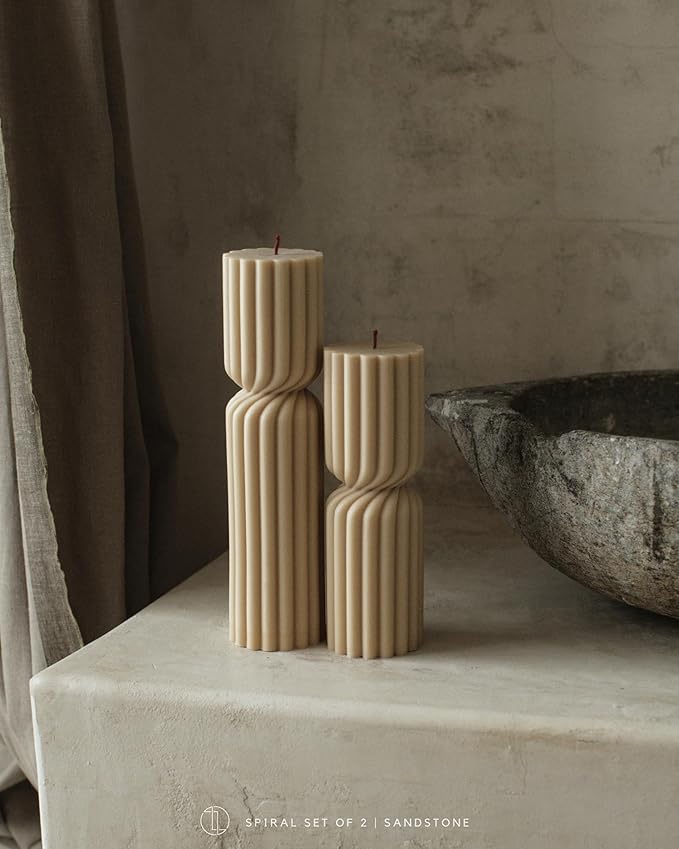 LAWA Spiral Spire Candle - Large Beautiful Handmade Pillar Scented Soy Wax Elegant Bubble Aesthetic Candle Housewarming Gift Home Room Shelf Decor Idea White (Set of 2, Sandstone)